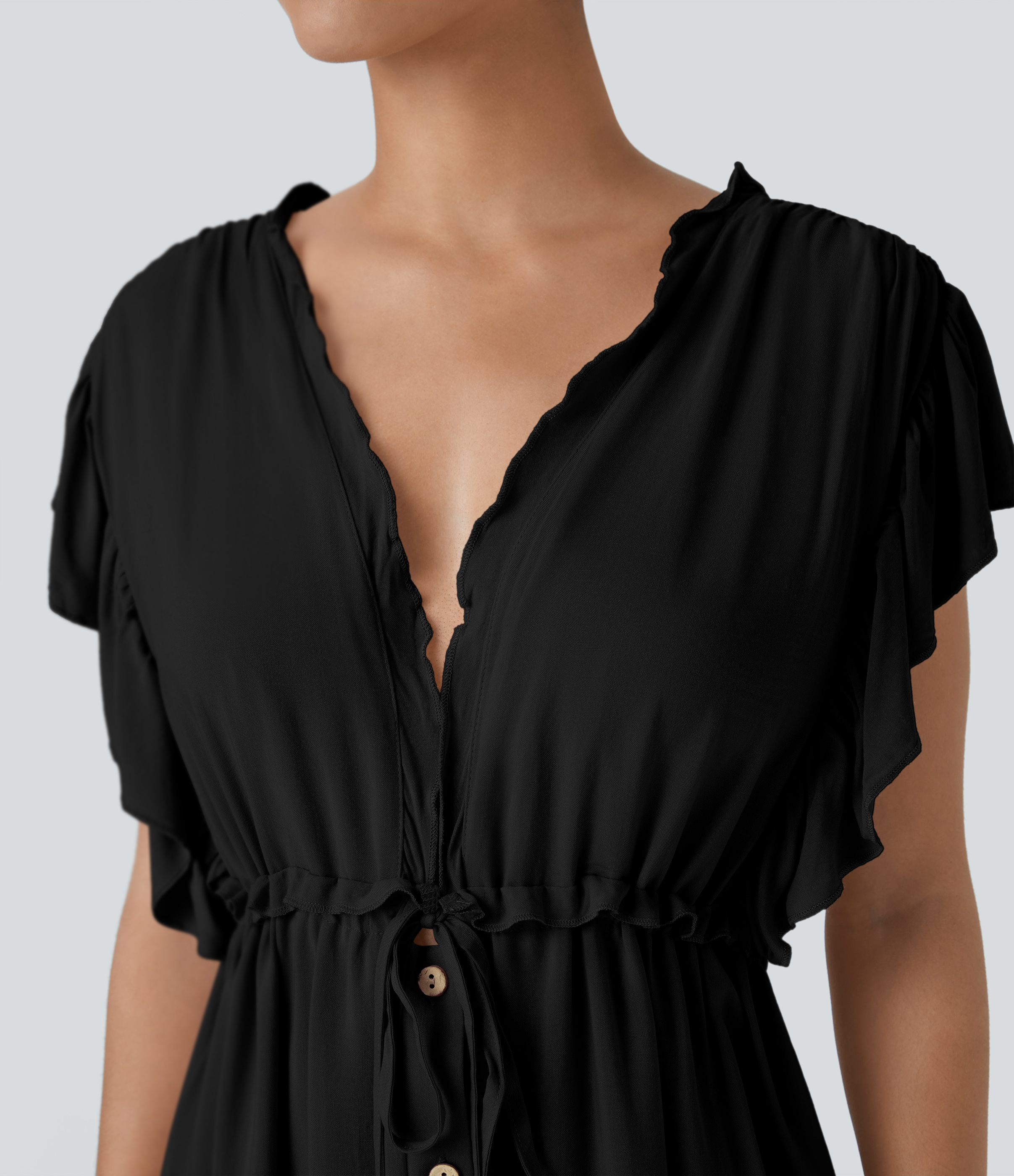 Halara Deep V Neck Butterfly Sleeve Backless Drawstring Button Side Pocket Flowy Maxi Casual Dress Casual Dress - Black - XL slip dress 