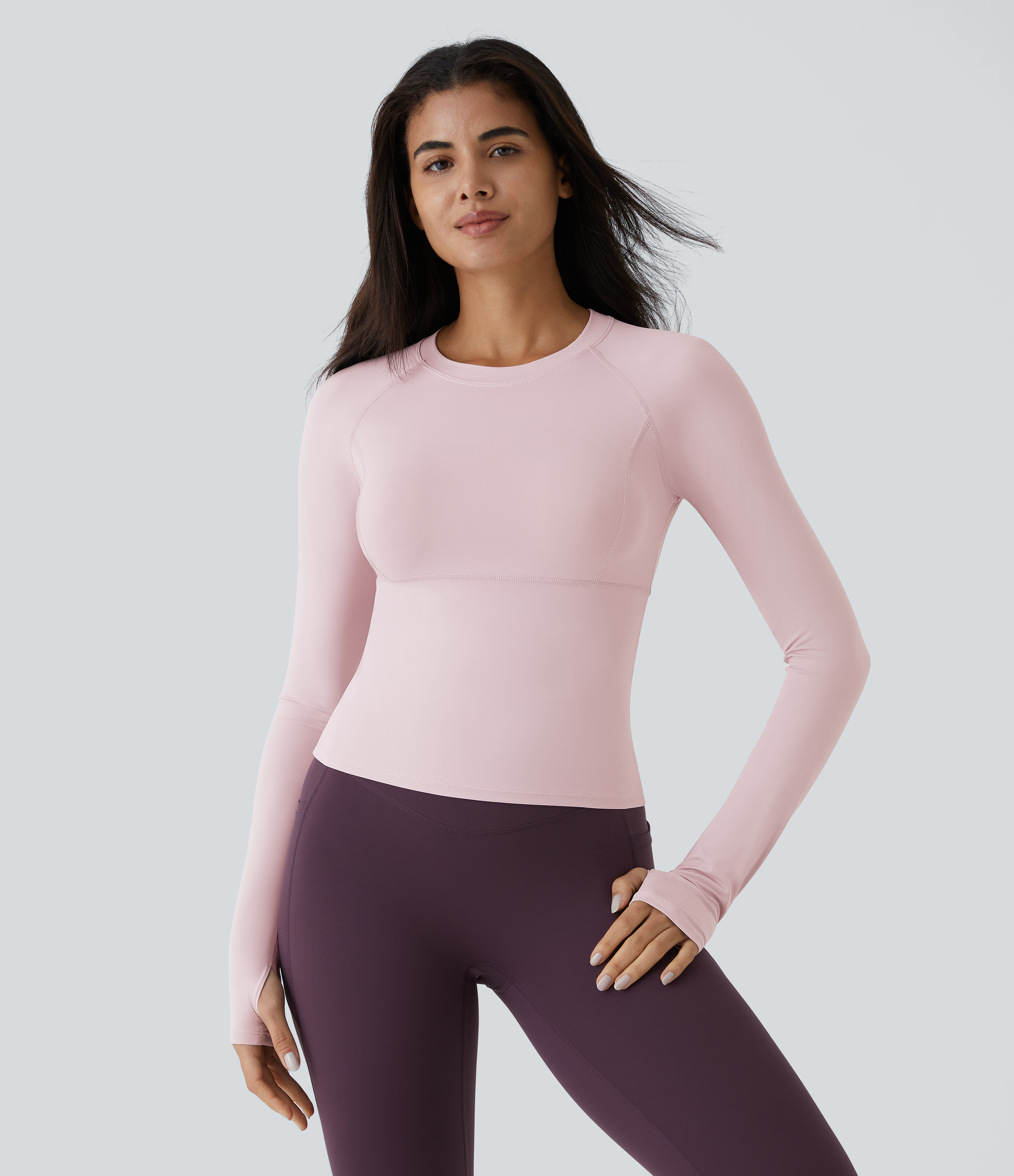 Halara Solid Thumb Hole Yoga Sports Top  - Pale Lilac - XL(Long) 