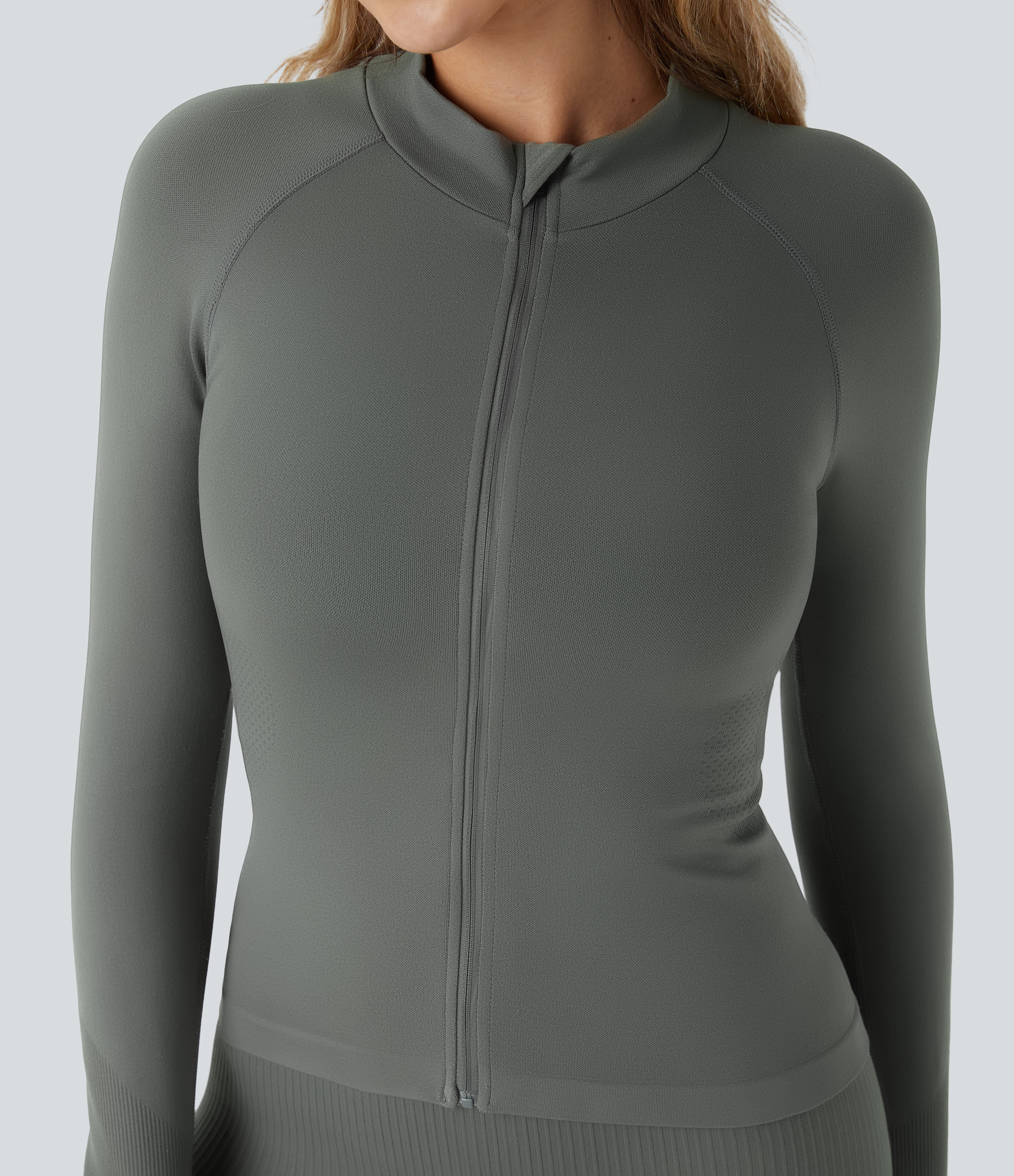Halara Seamless Flow Stand Collar Raglan Sleeve Thumb Hole Zipper Skinny Yoga Jacket  - Hidden Blue Gray - XS 