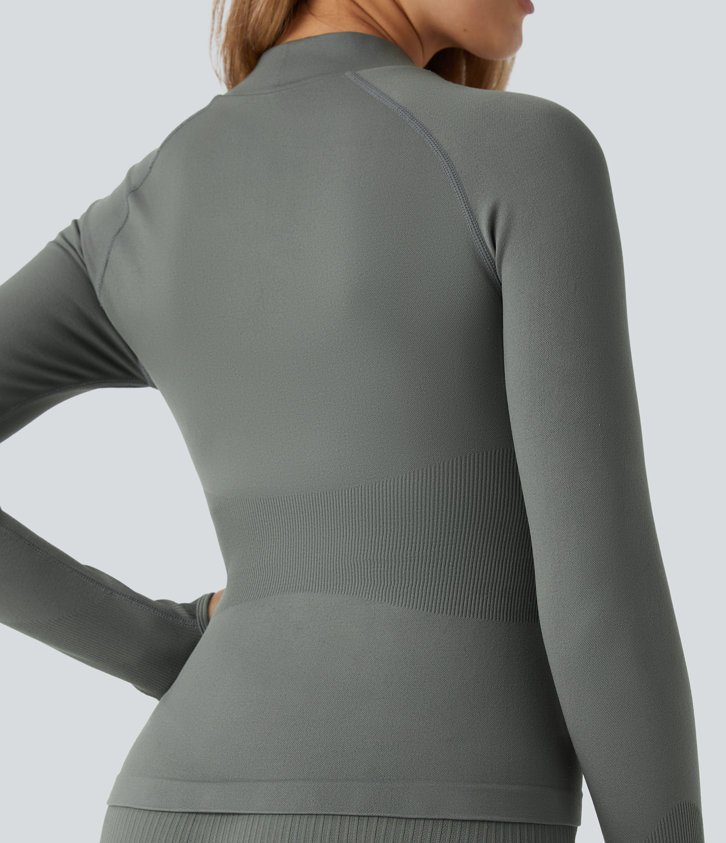 Halara Seamless Flow Stand Collar Raglan Sleeve Thumb Hole Zipper Skinny Yoga Jacket  - Hidden Blue Gray - XS 