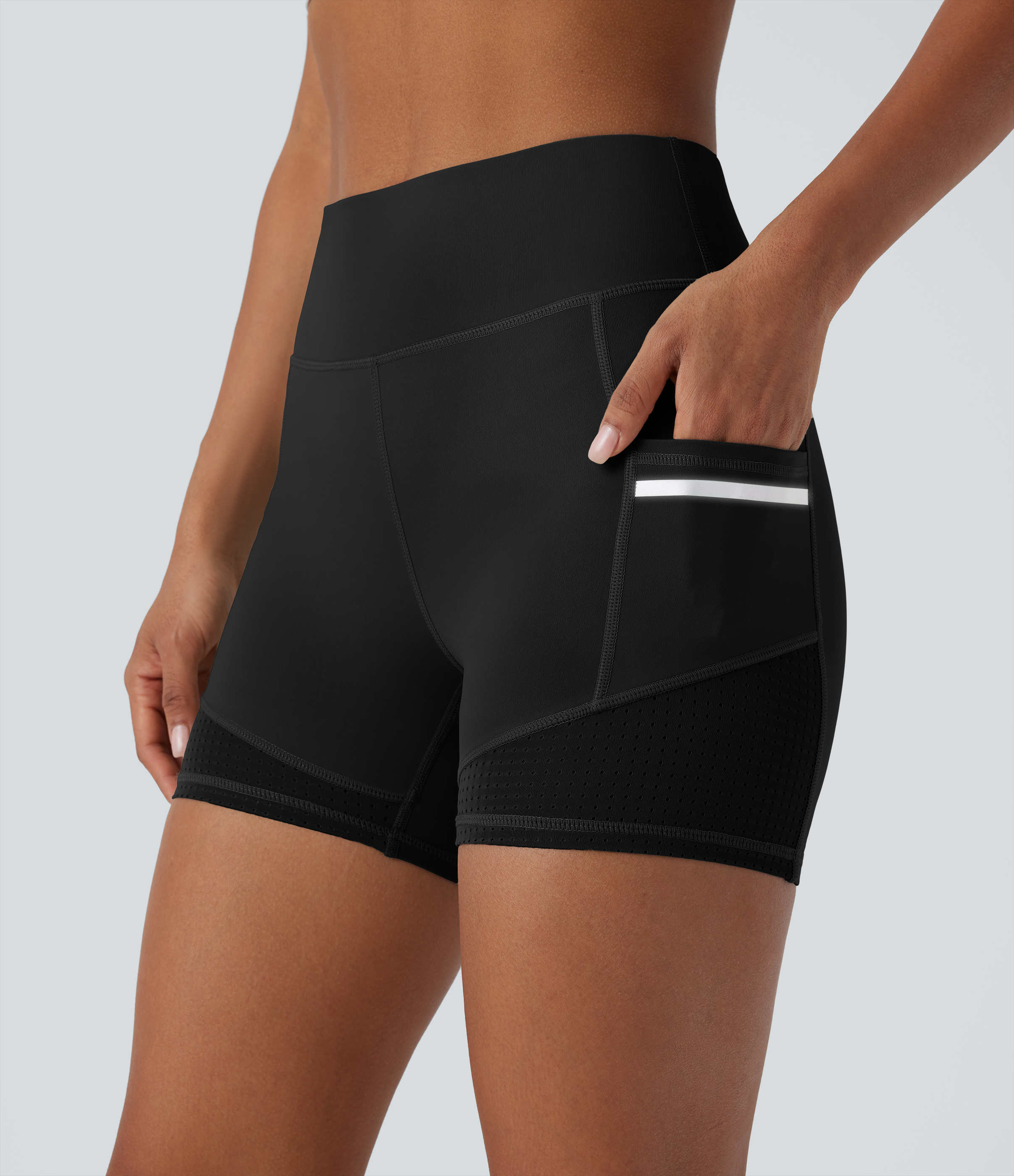Halara Softlyzeroв„ў Airy High Waisted Reflective Line Contrast Perforated Side Pocket Cool Touch Yoga Biker Shorts 4``  - Black - M 