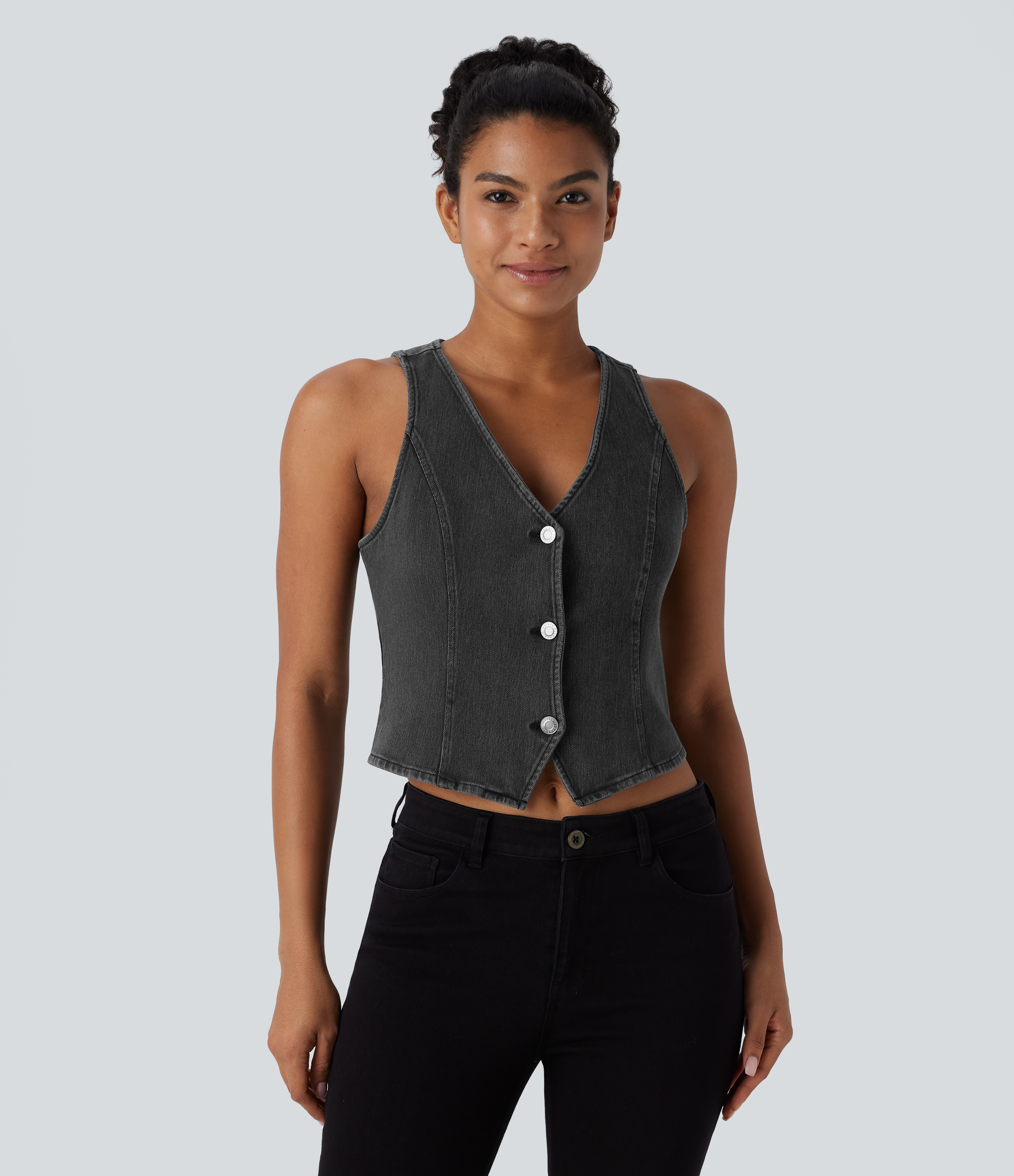 Chaleco casual de mezclilla lavada con cuello en V Halara Flex™