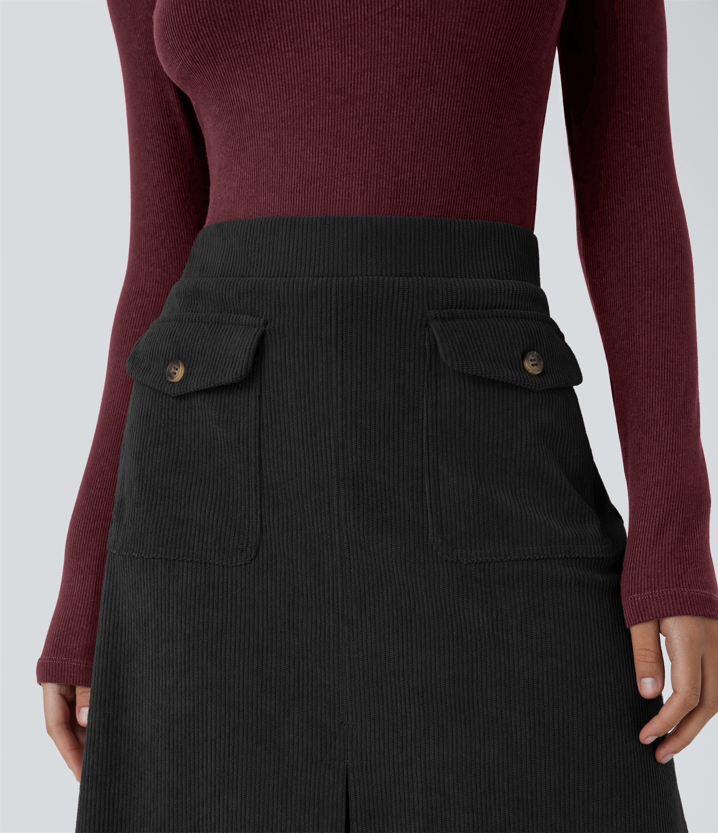 Halara Mid Rise Front Side Flap Pocket Split Midi Corduroy Casual Skirt  - Black - L(regular) 