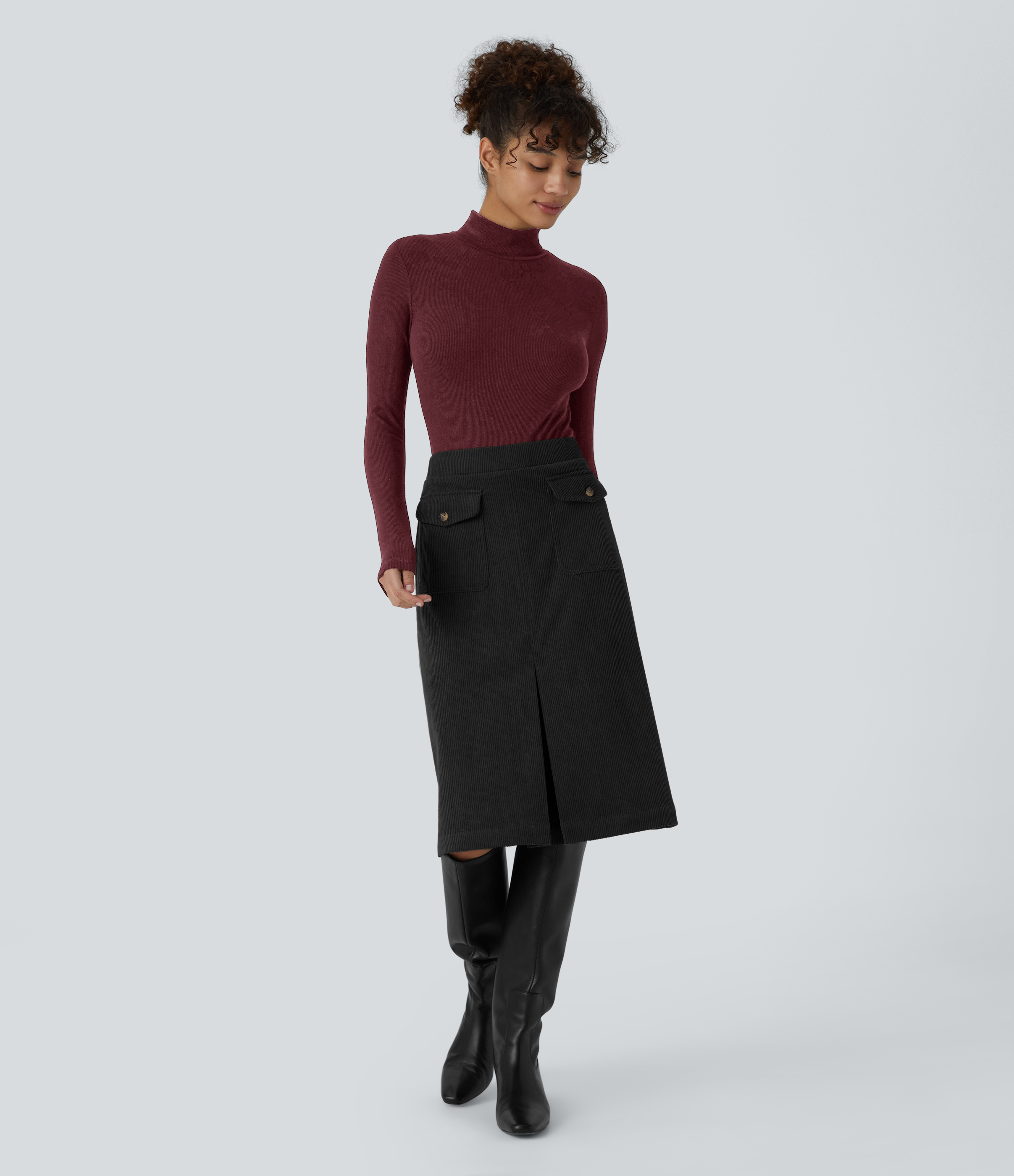 Halara Mid Rise Front Side Flap Pocket Split Midi Corduroy Casual Skirt  - Black - L(regular) 