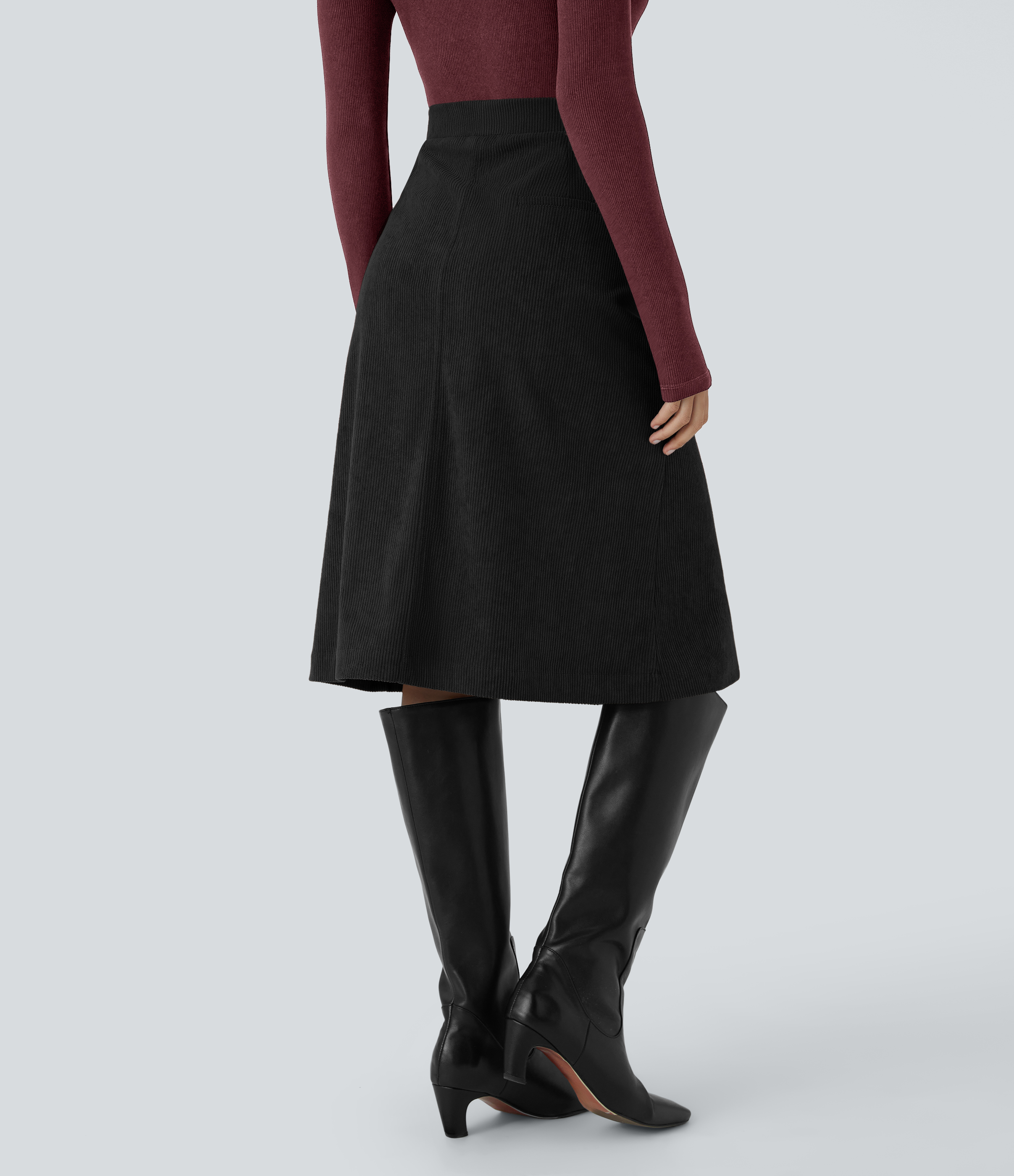 Halara Mid Rise Front Side Flap Pocket Split Midi Corduroy Casual Skirt  - Black - L(regular) 