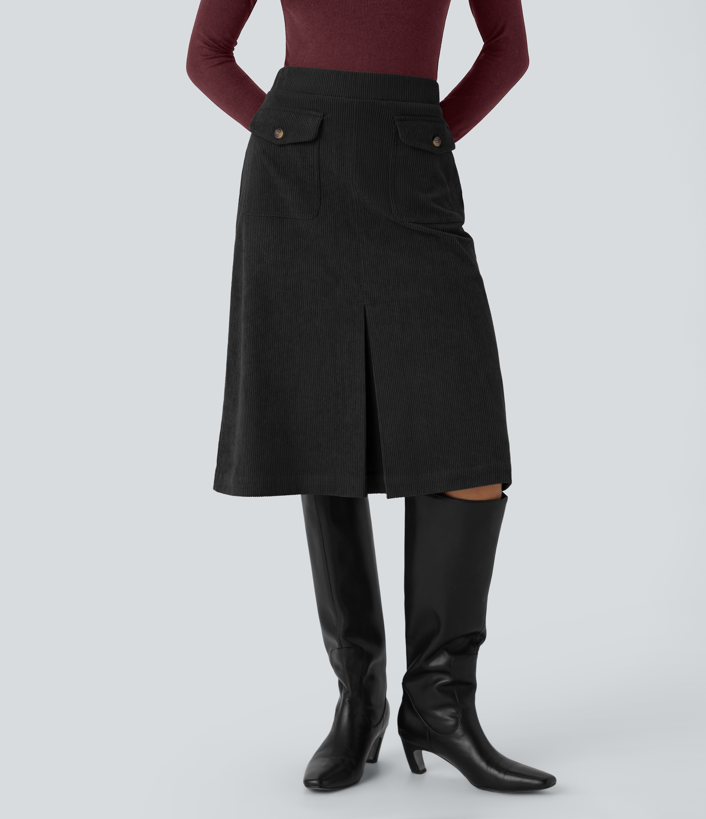 Halara Mid Rise Front Side Flap Pocket Split Midi Corduroy Casual Skirt  - Black - L(regular) 
