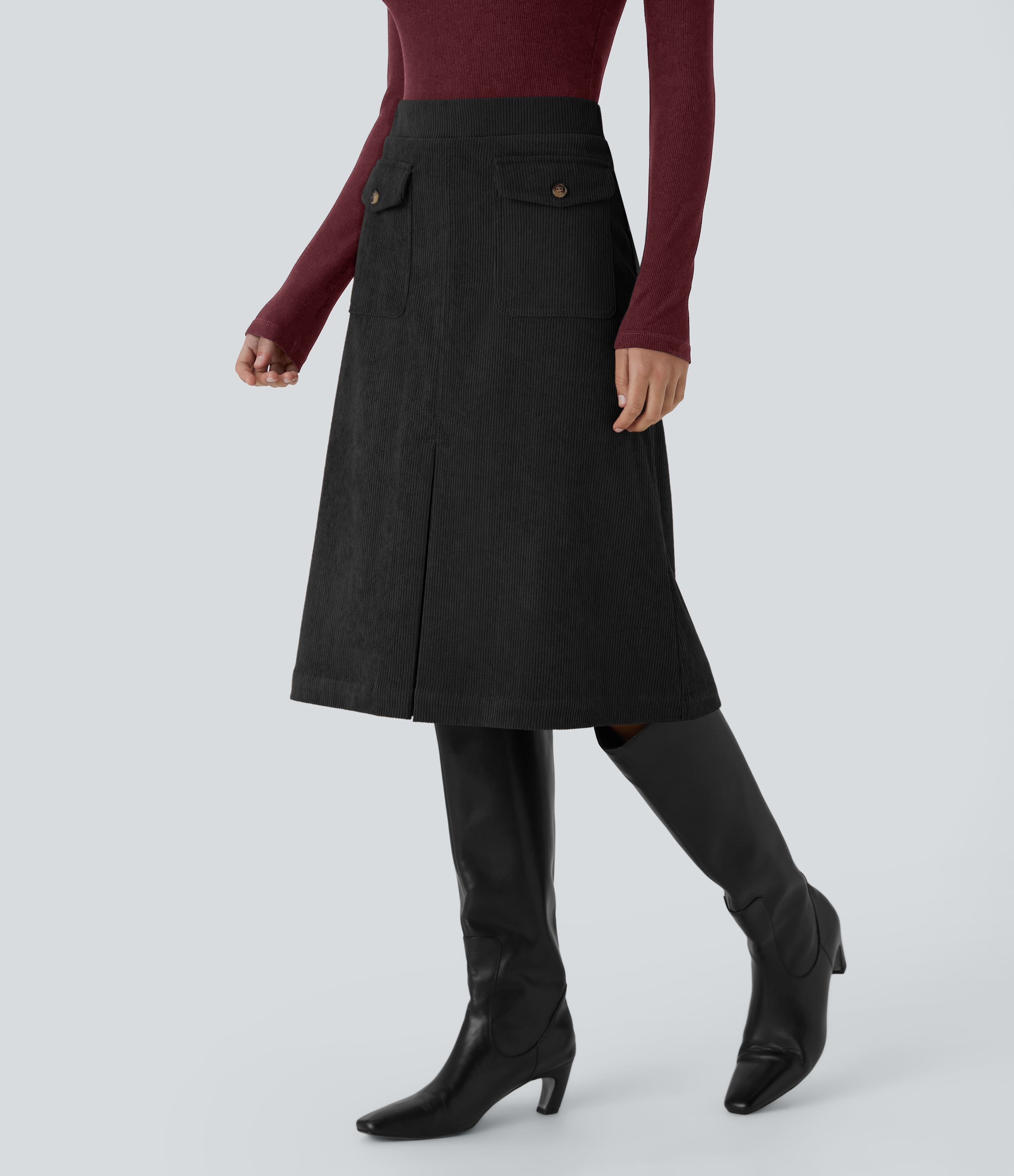 Halara Mid Rise Front Side Flap Pocket Split Midi Corduroy Casual Skirt  - Black - L(regular) 