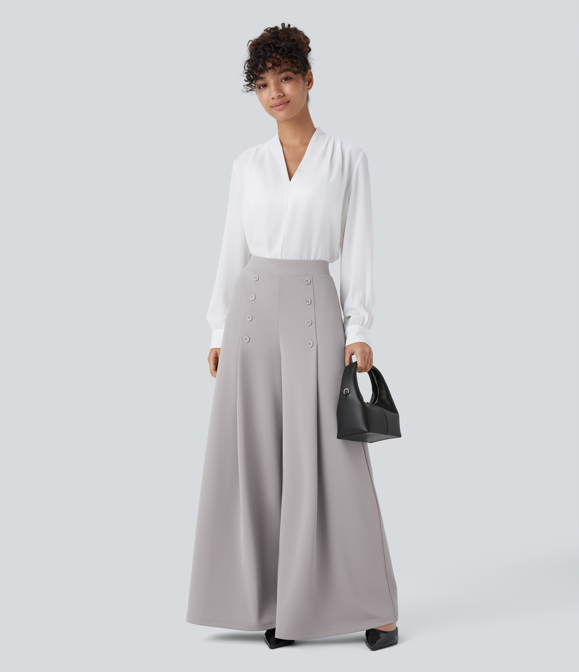Halara High Waisted Decorative Button Side Pocket Palazzo Wide Leg Work Pants  - Gull - L(regular) sweatpants jogger pants stacked sweatpants 