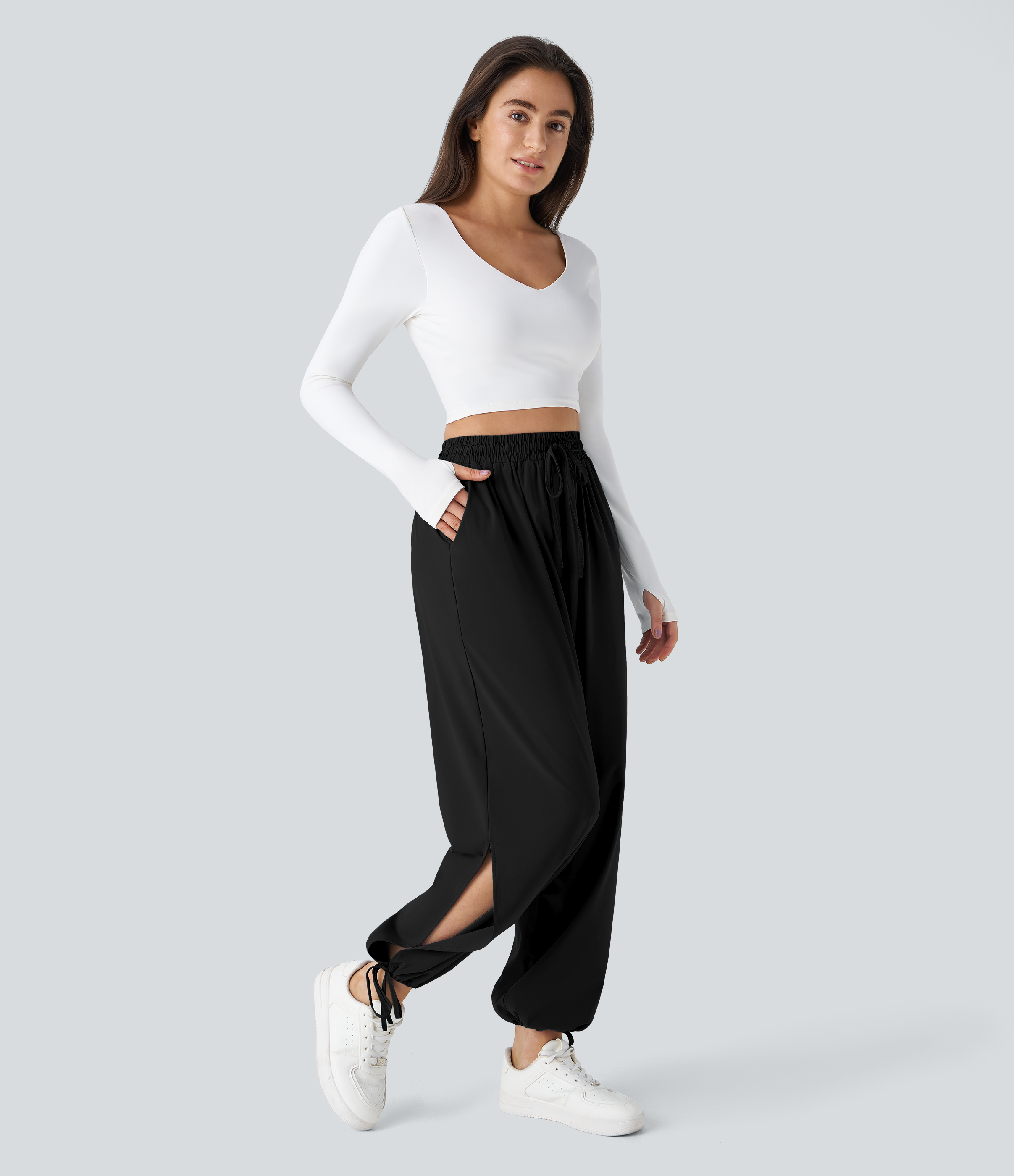 Halara Breezefulв„ў High Waisted Drawstring Side Pocket Split Hem Quick Dry Casual Joggers  - Black - XS 