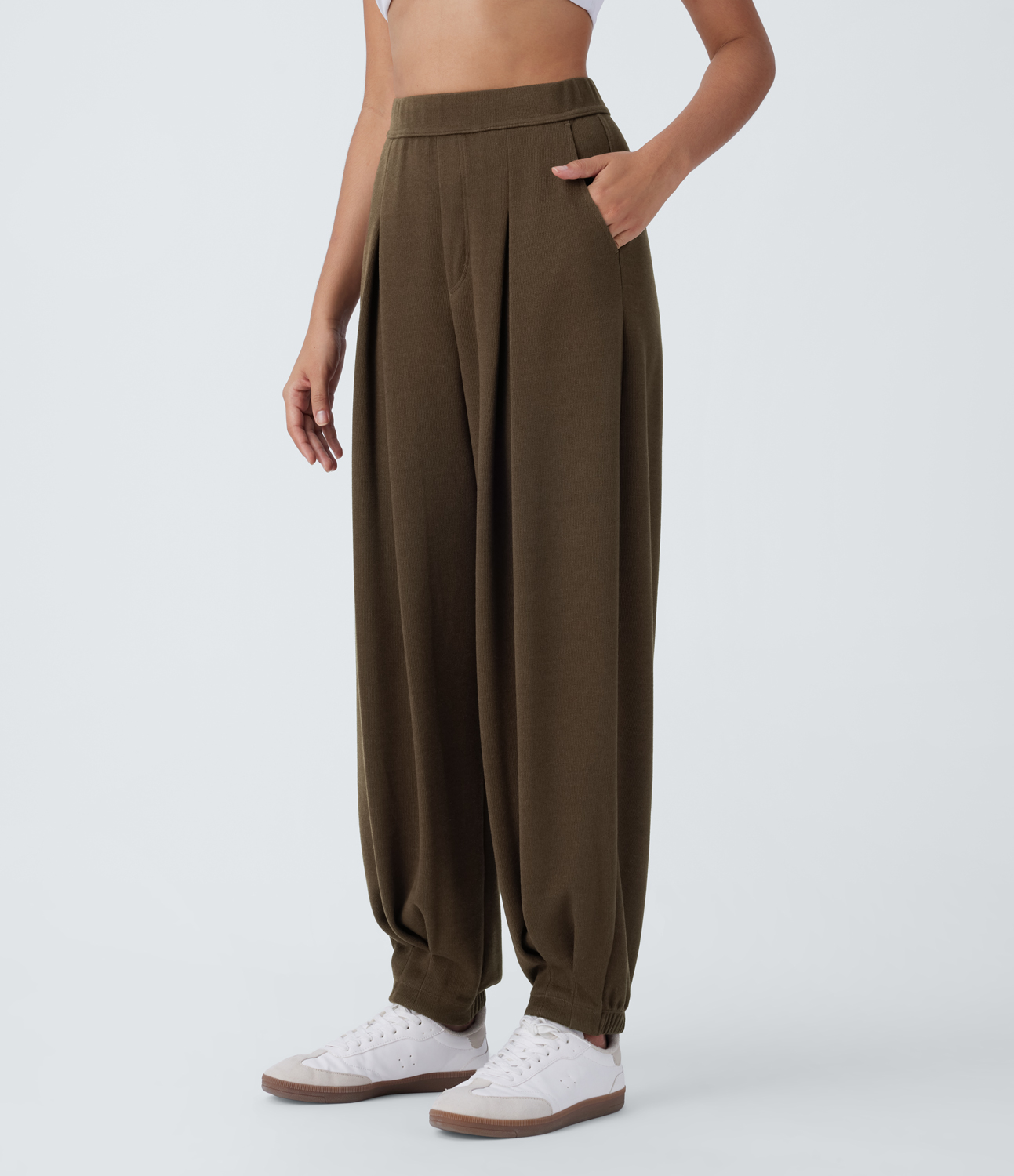 Halara High Waisted Plicated Side Pocket Casual Pile Joggers  - Camphor Wood Brown - XS(regular) 