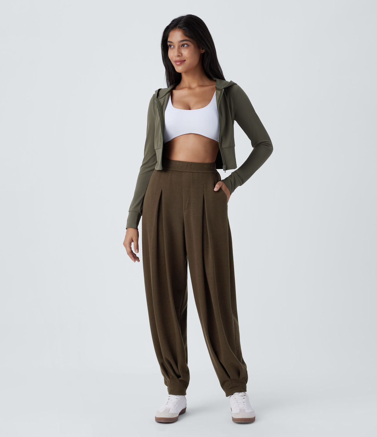 Halara High Waisted Plicated Side Pocket Casual Pile Joggers  - Camphor Wood Brown - XS(regular) 