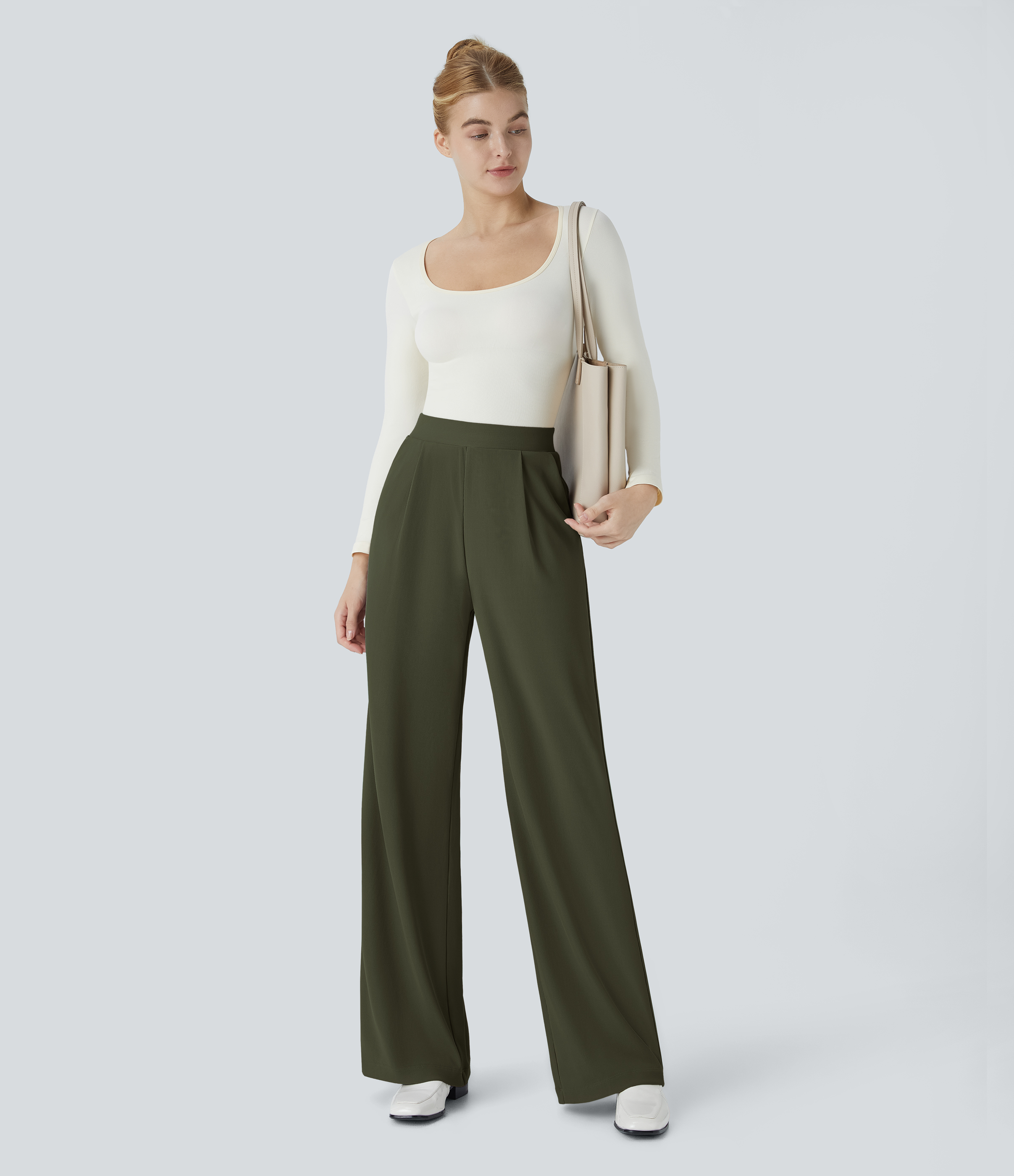 Halara Halara Flexв„ў High Waisted Body Sculpt Waist-Slimming Side Pocket Wide Leg Micro Waffle Work Pants  - Lone Pine Green - M(petite) 