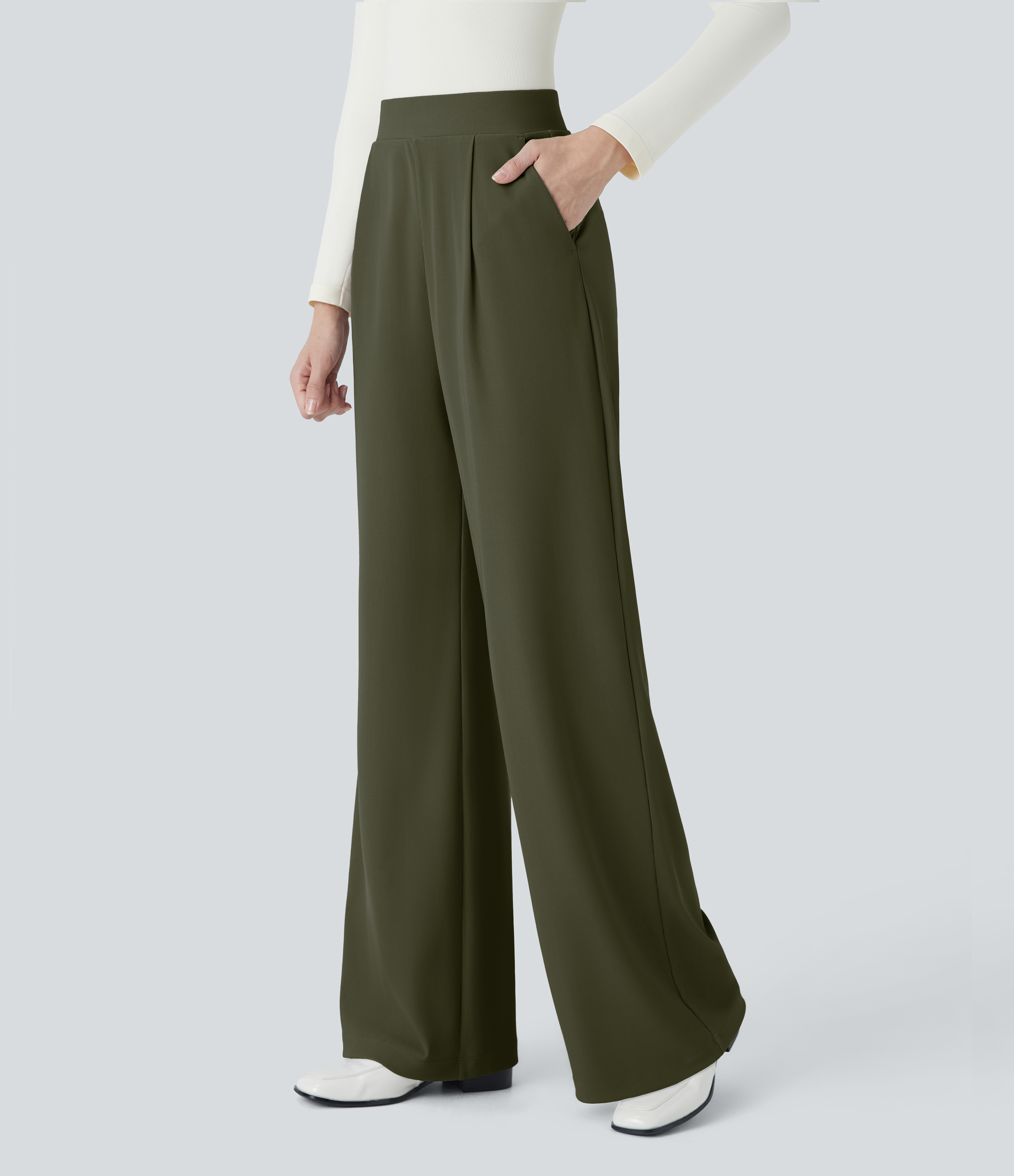 Halara Halara Flexв„ў High Waisted Body Sculpt Waist-Slimming Side Pocket Wide Leg Micro Waffle Work Pants  - Lone Pine Green - M(petite) 