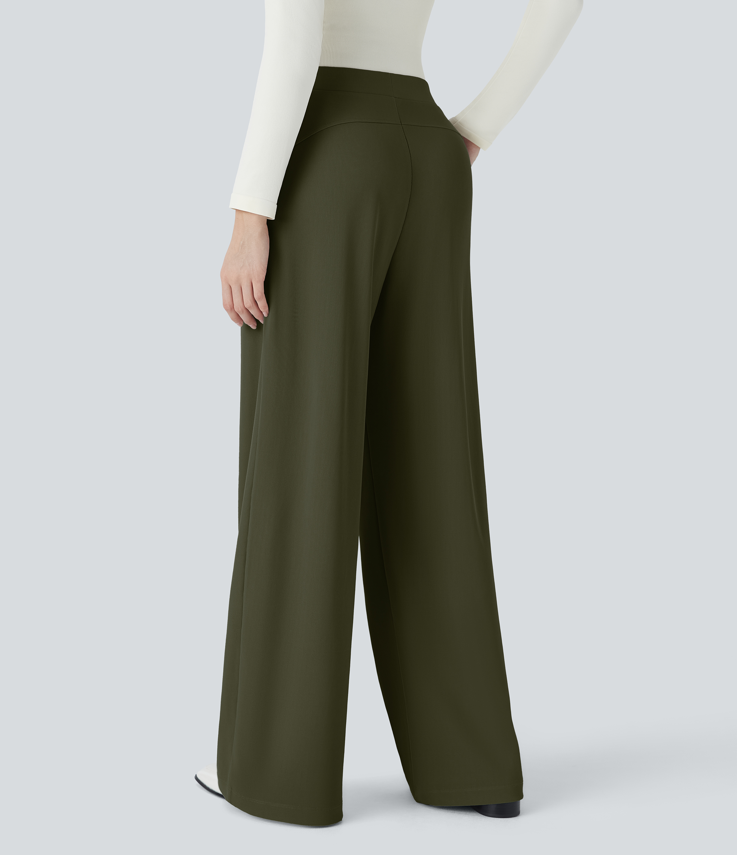 Halara Halara Flexв„ў High Waisted Body Sculpt Waist-Slimming Side Pocket Wide Leg Micro Waffle Work Pants  - Lone Pine Green - M(petite) 