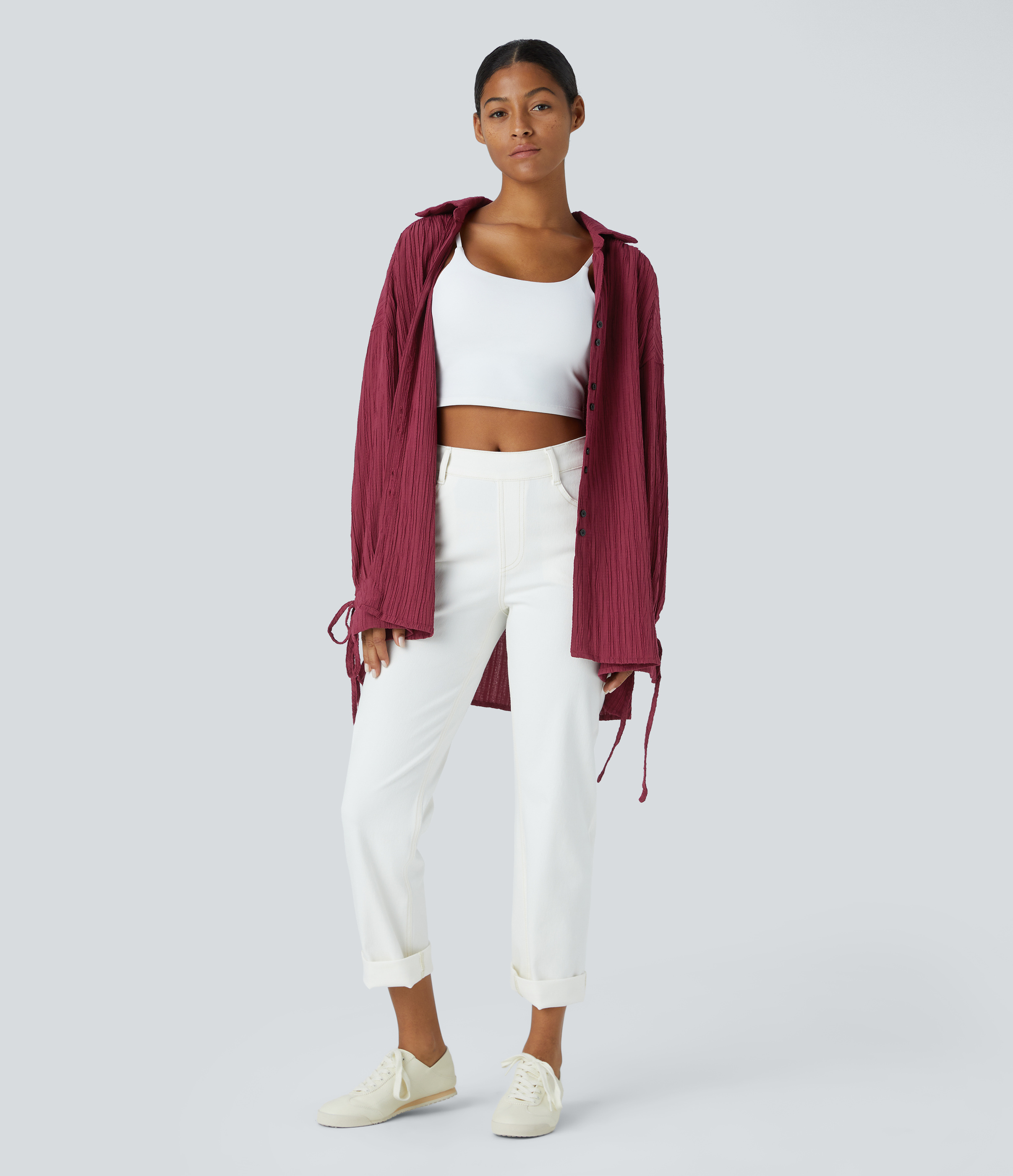 Halara Collared Knot Cuff Plicated Back Button Front Oversize Casual Shirt  - Syrah - XL 