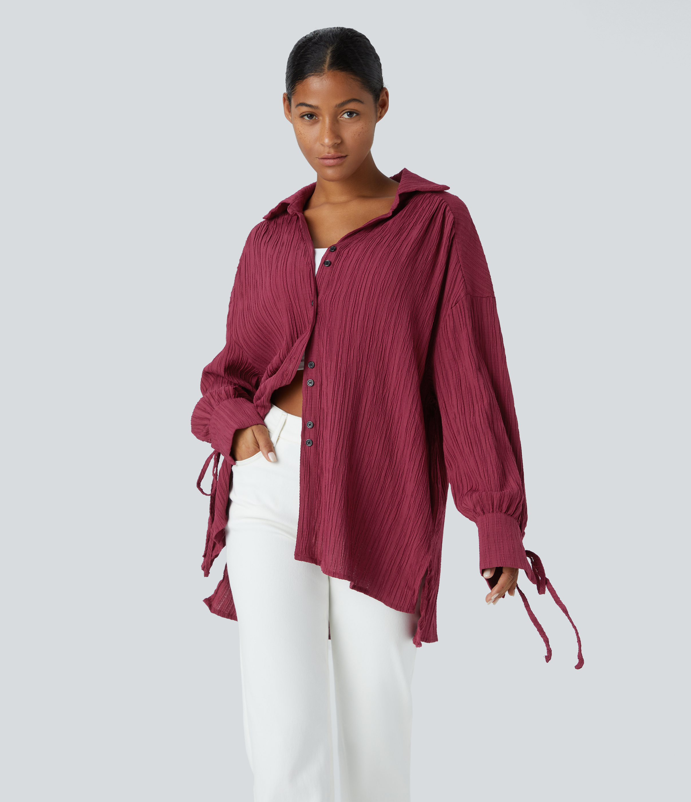 Halara Collared Knot Cuff Plicated Back Button Front Oversize Casual Shirt  - Syrah - XL 