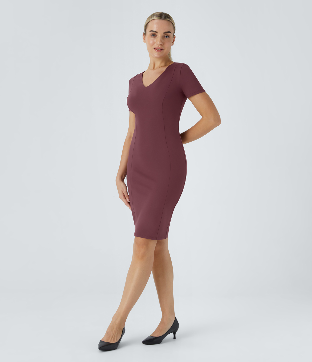 Halara V Neck Short Sleeve Bodycon Split Hem Knee Length Work Dress Casual Dress - Red Mahogany - XL slip dress beach dress ruched dress 