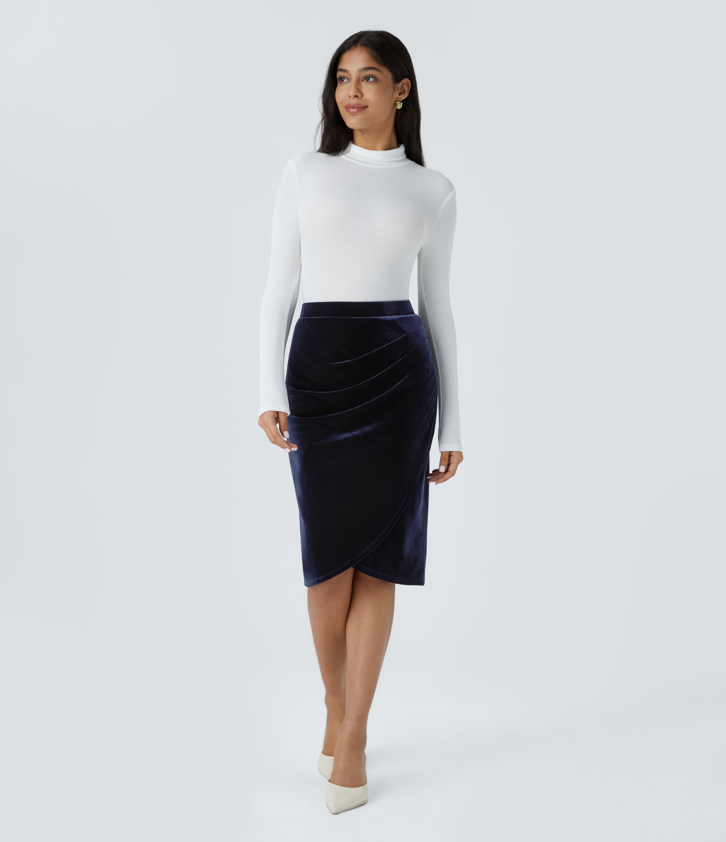 Halara High Waisted Ruched Tulip Hem Midi Velvet Work Skirt  - Deep Twilight - XS(regular) 