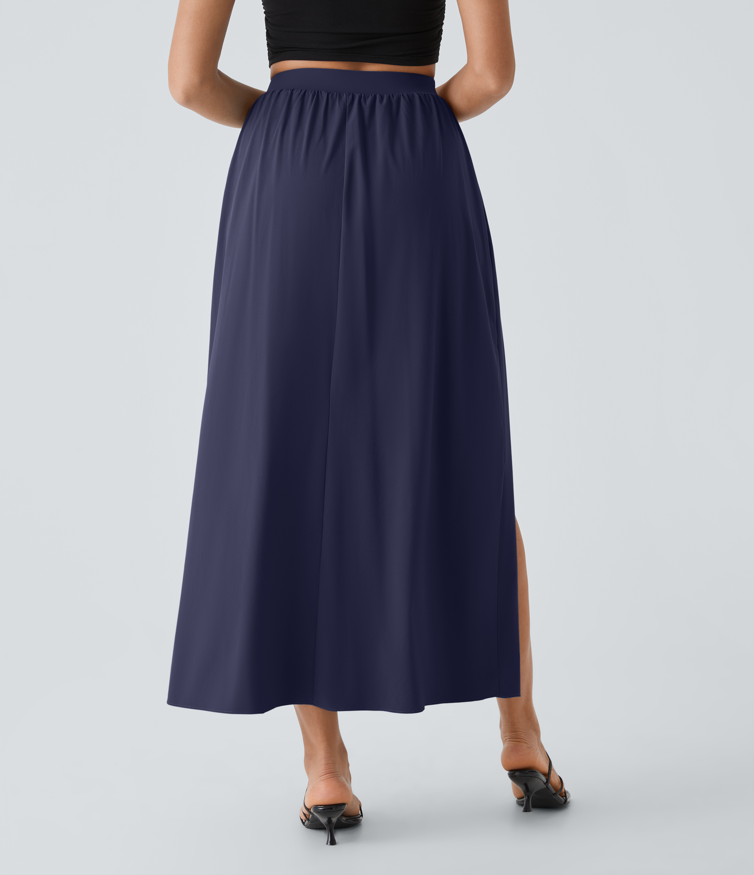 Halara Breezefulв„ў High Waisted Tie Front Plicated Split Flowy 2-in-1 Maxi Quick Dry Casual Skirt  - Black Diamond Blue - XL(regular) 
