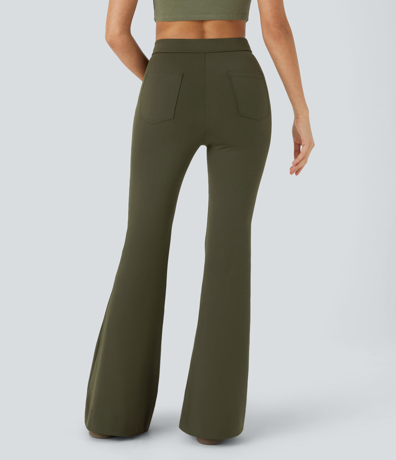 Halara High Waisted Button Multiple Pockets Flare Casual Pants  - Forest Night - XS 