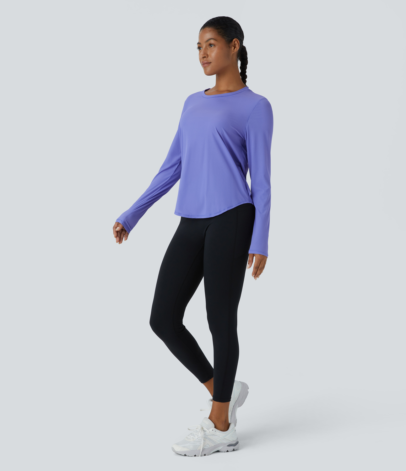 Halara Round Neck Curved Hem Contrast Mesh Yoga Sports Top  - Jacaranda - S 