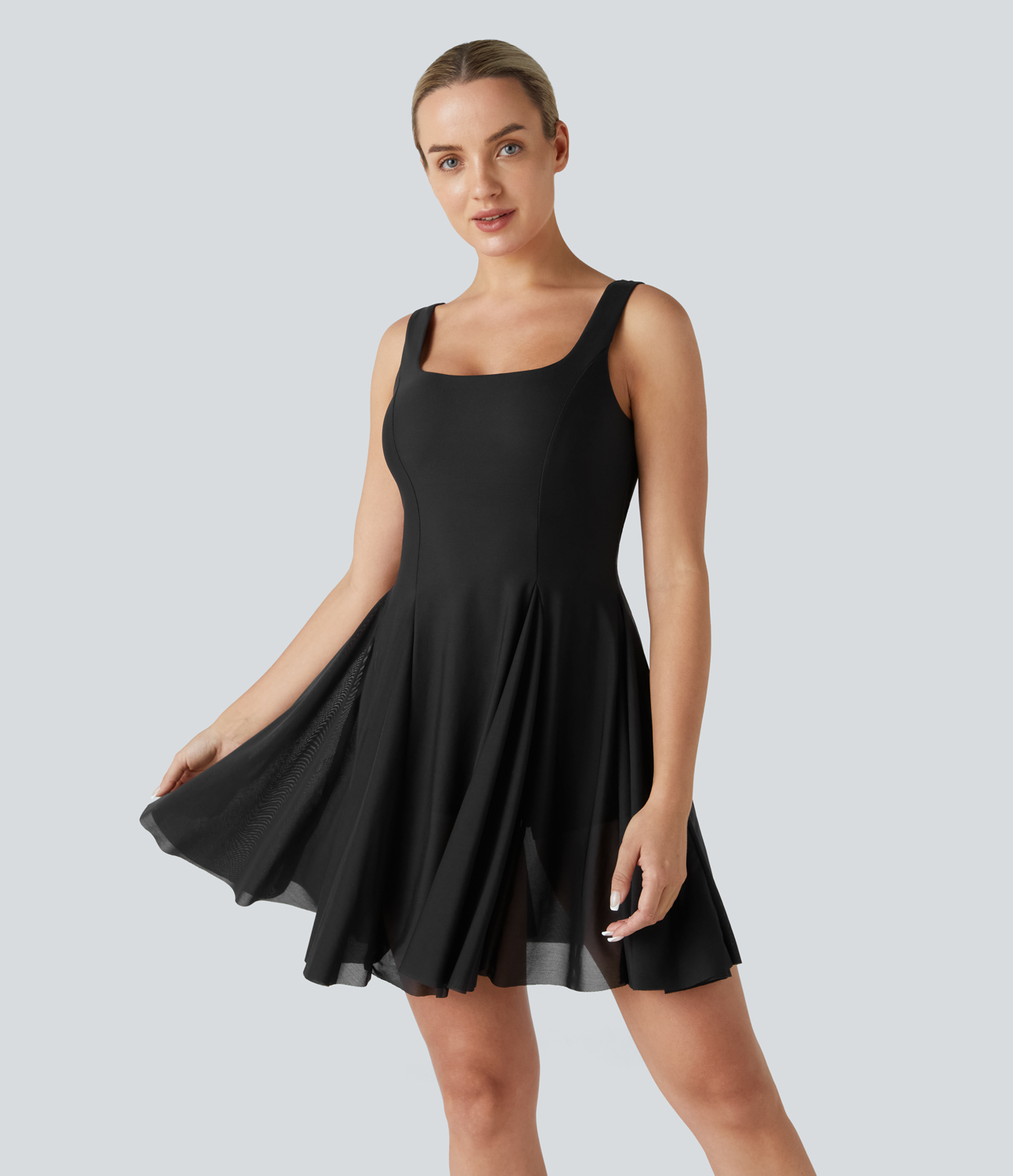 

Halara Softlyzeroв„ў Airy Square Neck Backless Contrast Mesh 2-in-1 Side Pocket Cool Touch Flare Mini Yoga Active Dress Workout Dress - Black