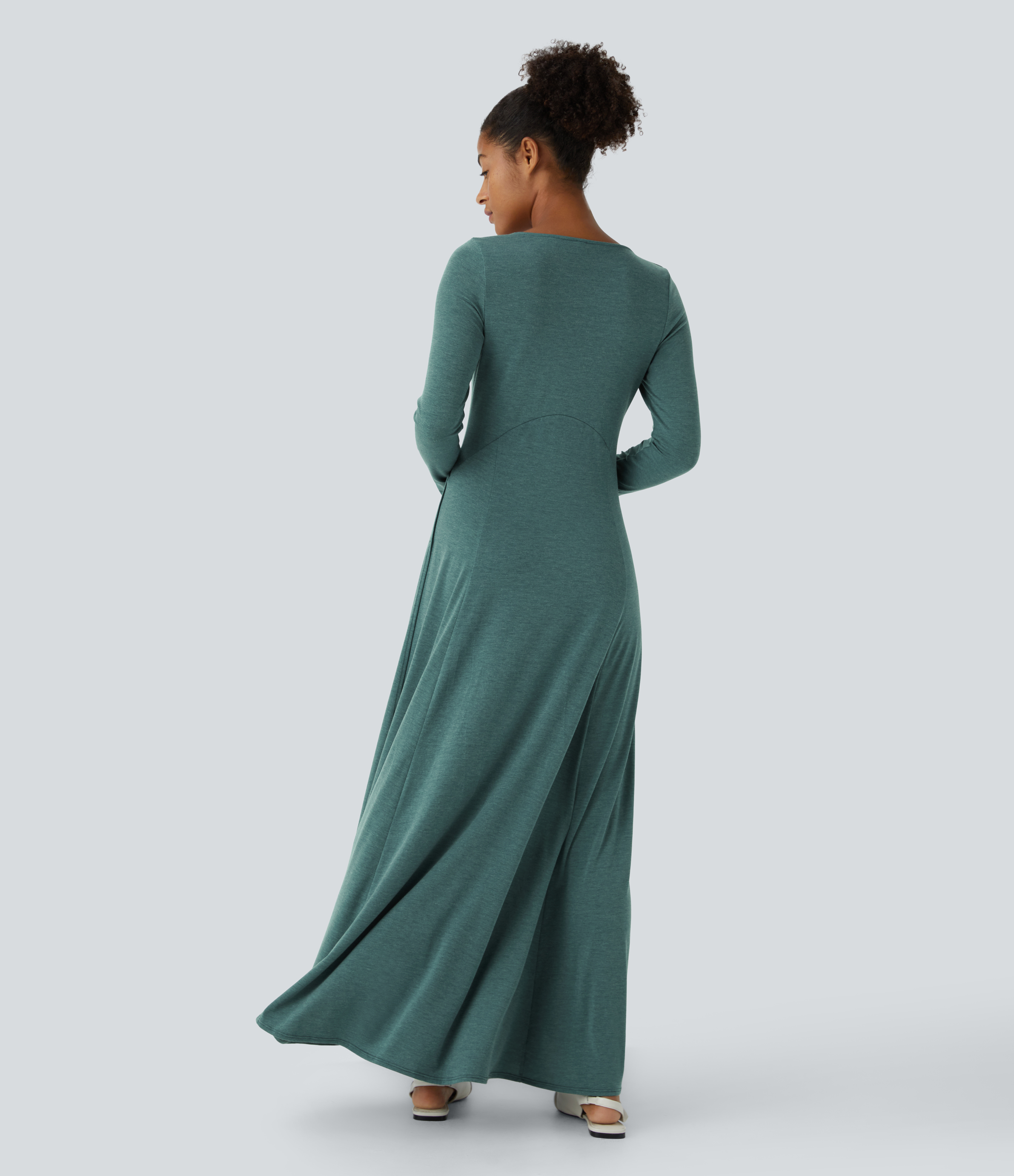 Halara Square Neck Long Sleeve Split Flowy Flare Maxi Casual Dress Casual Dress - Jade Green Floral Yarn - XL slip dress beach dress 