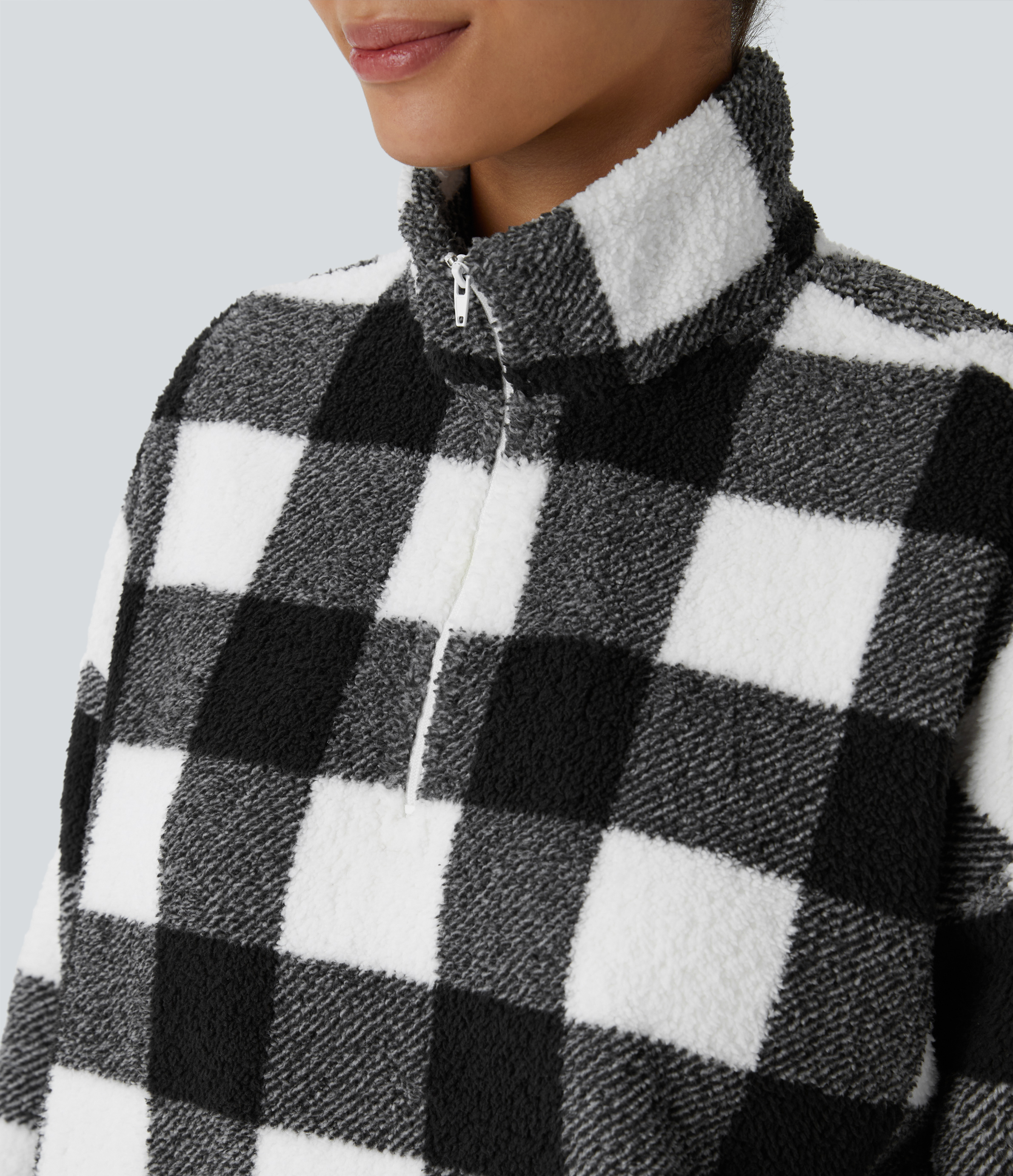 Halara Collared Half Zipper Dropped Shoulder Kangaroo Pocket Plaid Fleece Relaxed Casual Sweatshirt  - Cream White Plaid - L 