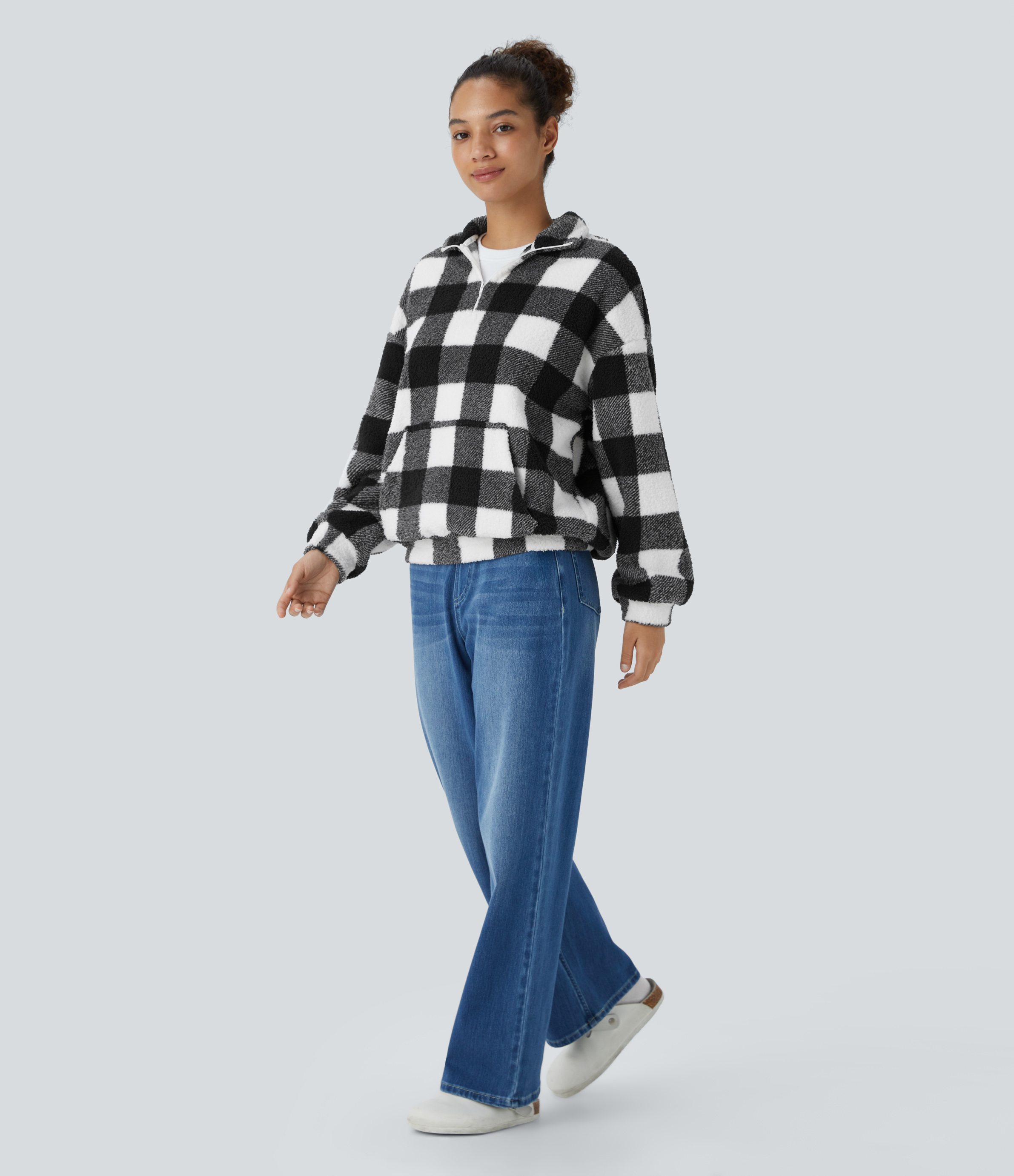 Halara Collared Half Zipper Dropped Shoulder Kangaroo Pocket Plaid Fleece Relaxed Casual Sweatshirt  - Cream White Plaid - L 