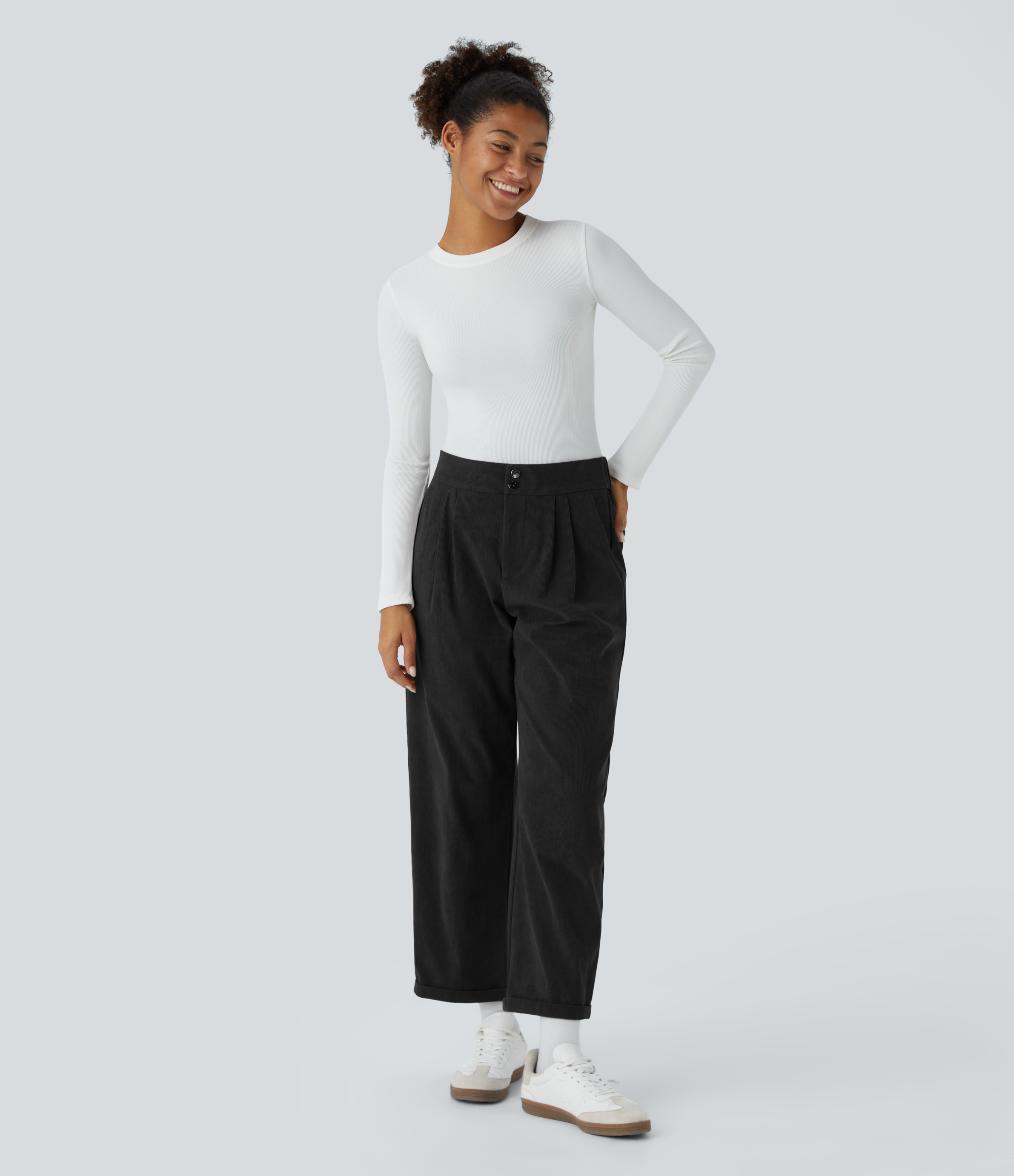 Halara Mid Rise Button Zipper Multiple Pockets Ankle Length Casual Corduroy Pants  - Black - M(regular) sweatpants jogger pants 