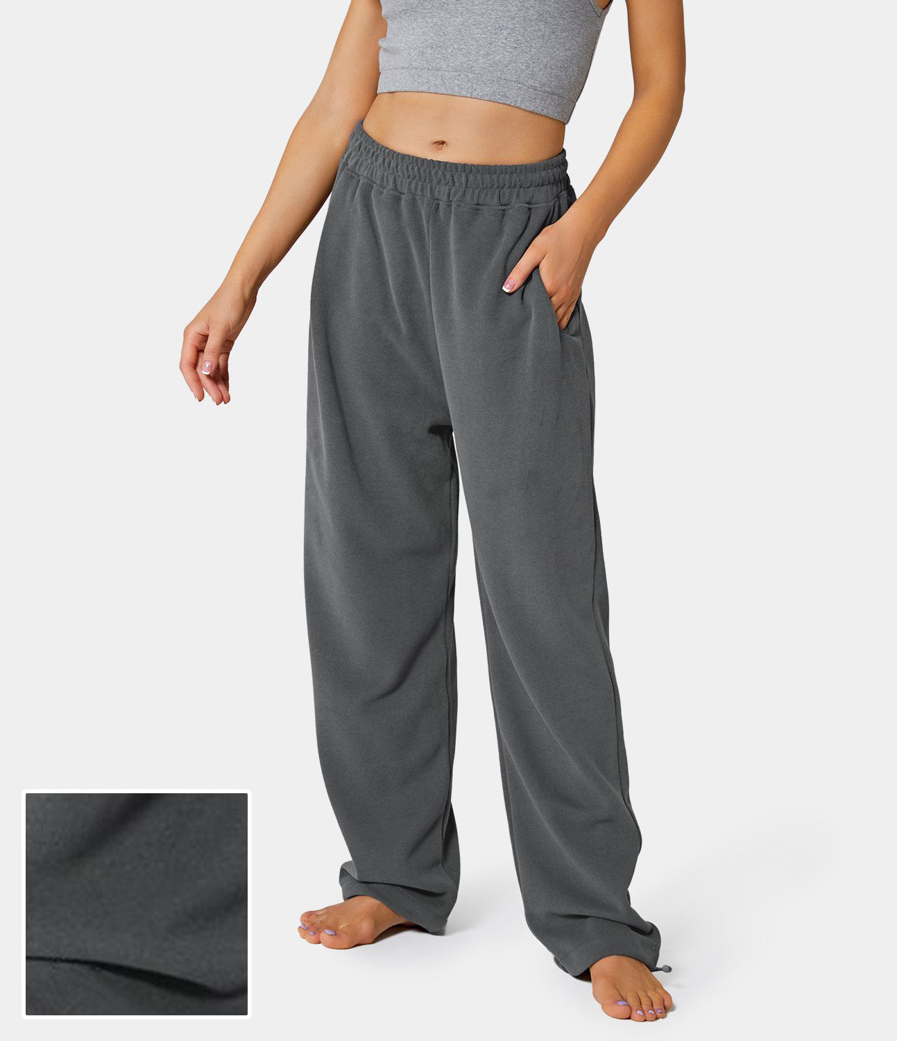 Women's Elastic Waist Side Pocket Cotton Wide Leg Sweatpants HALARA