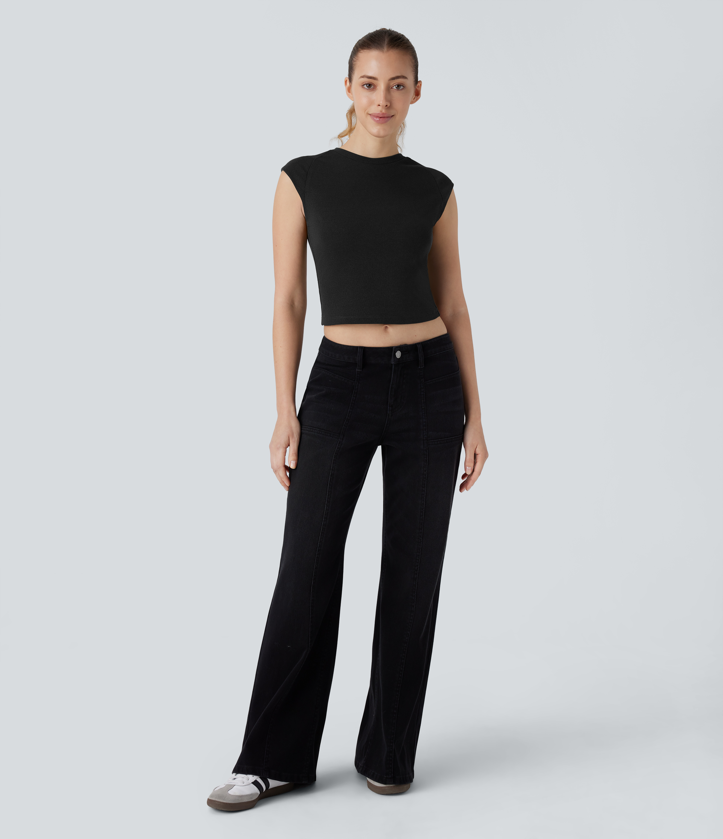 Halara Cap Sleeve Slim Cropped Casual Top Tank Top - Black - L golf tops halter top tunic tops sleeveless tops backless top 