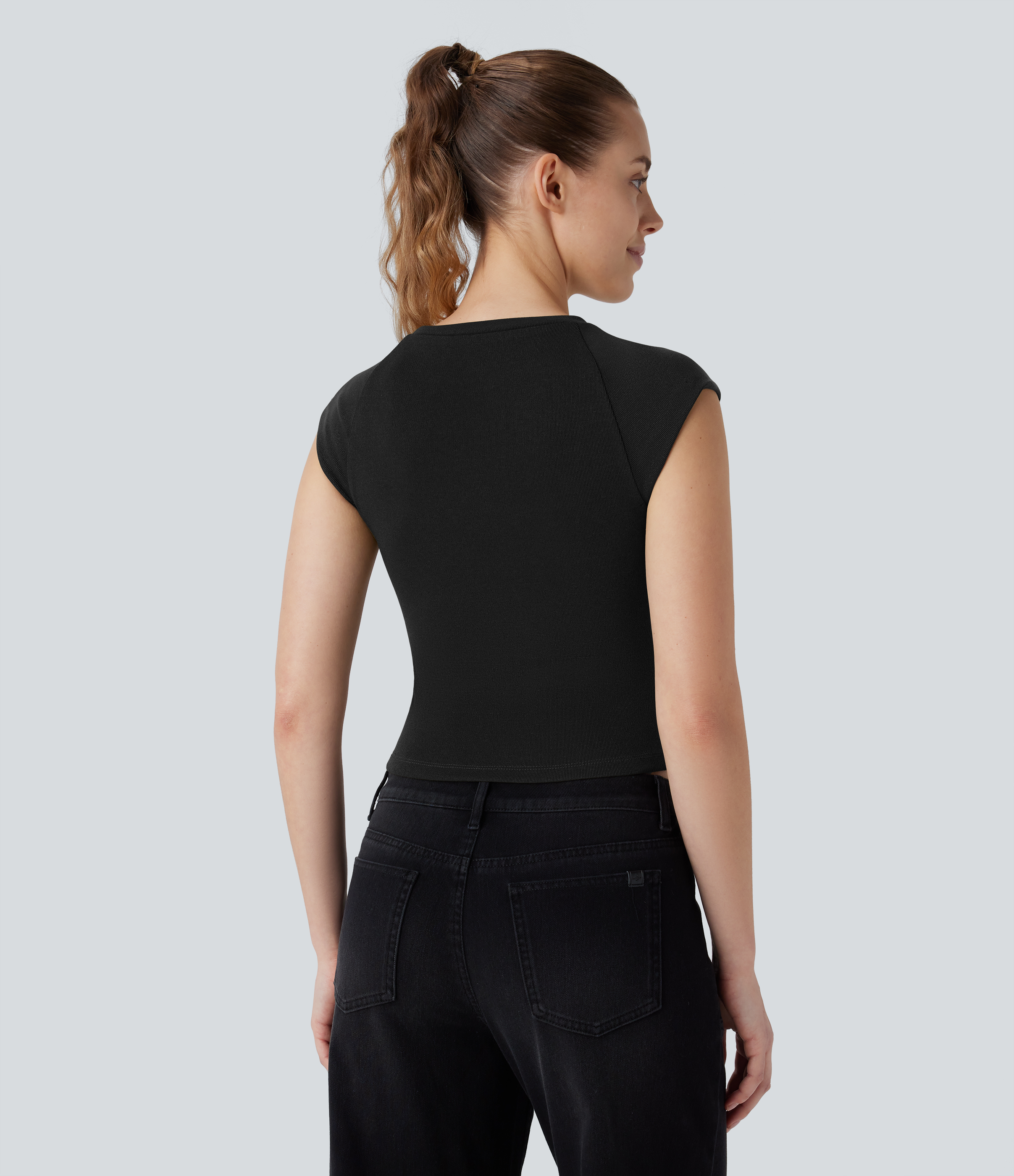 Halara Cap Sleeve Slim Cropped Casual Top Tank Top - Black - L golf tops halter top tunic tops sleeveless tops backless top 
