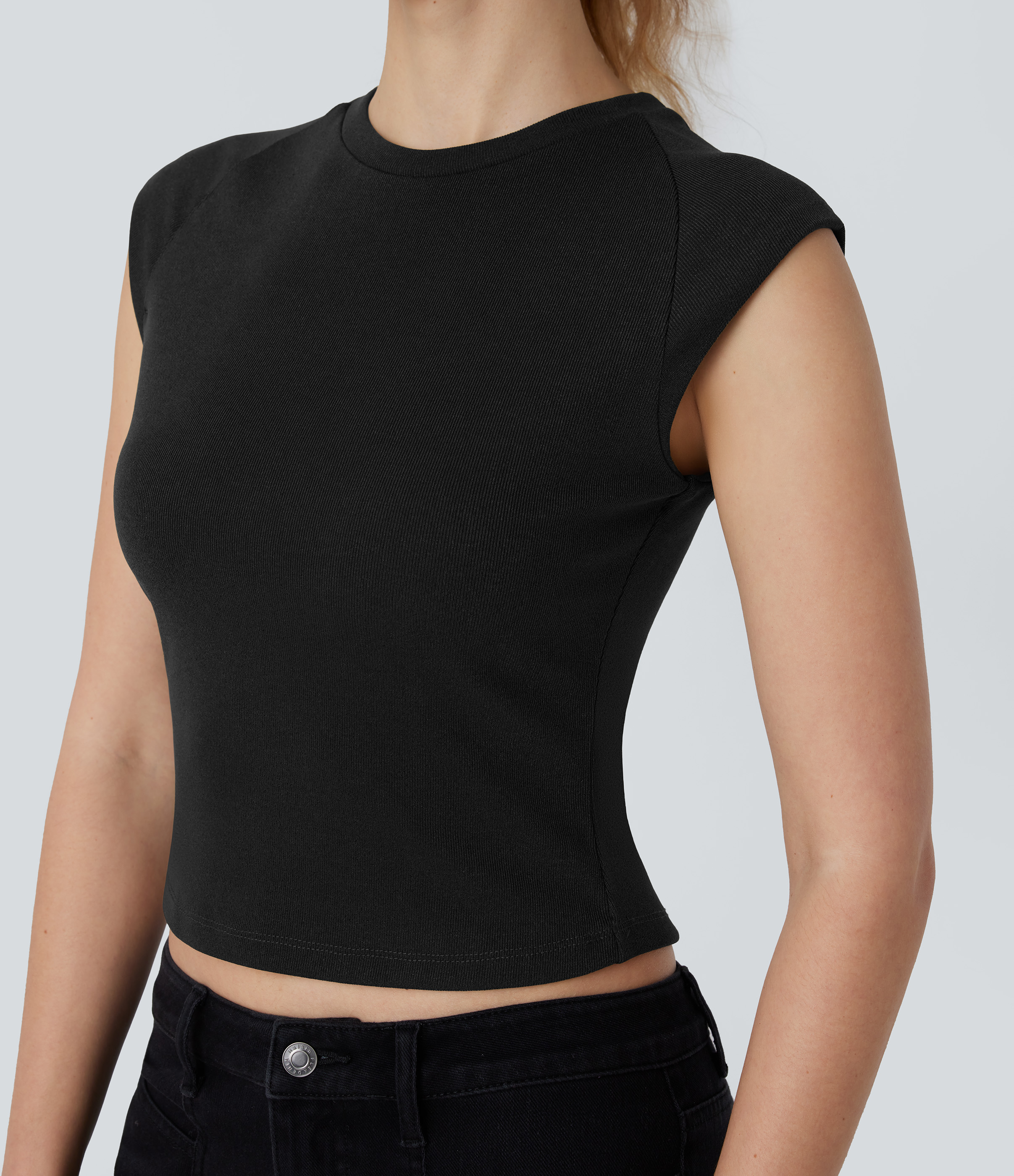 Halara Cap Sleeve Slim Cropped Casual Top Tank Top - Black - L golf tops halter top tunic tops sleeveless tops backless top 