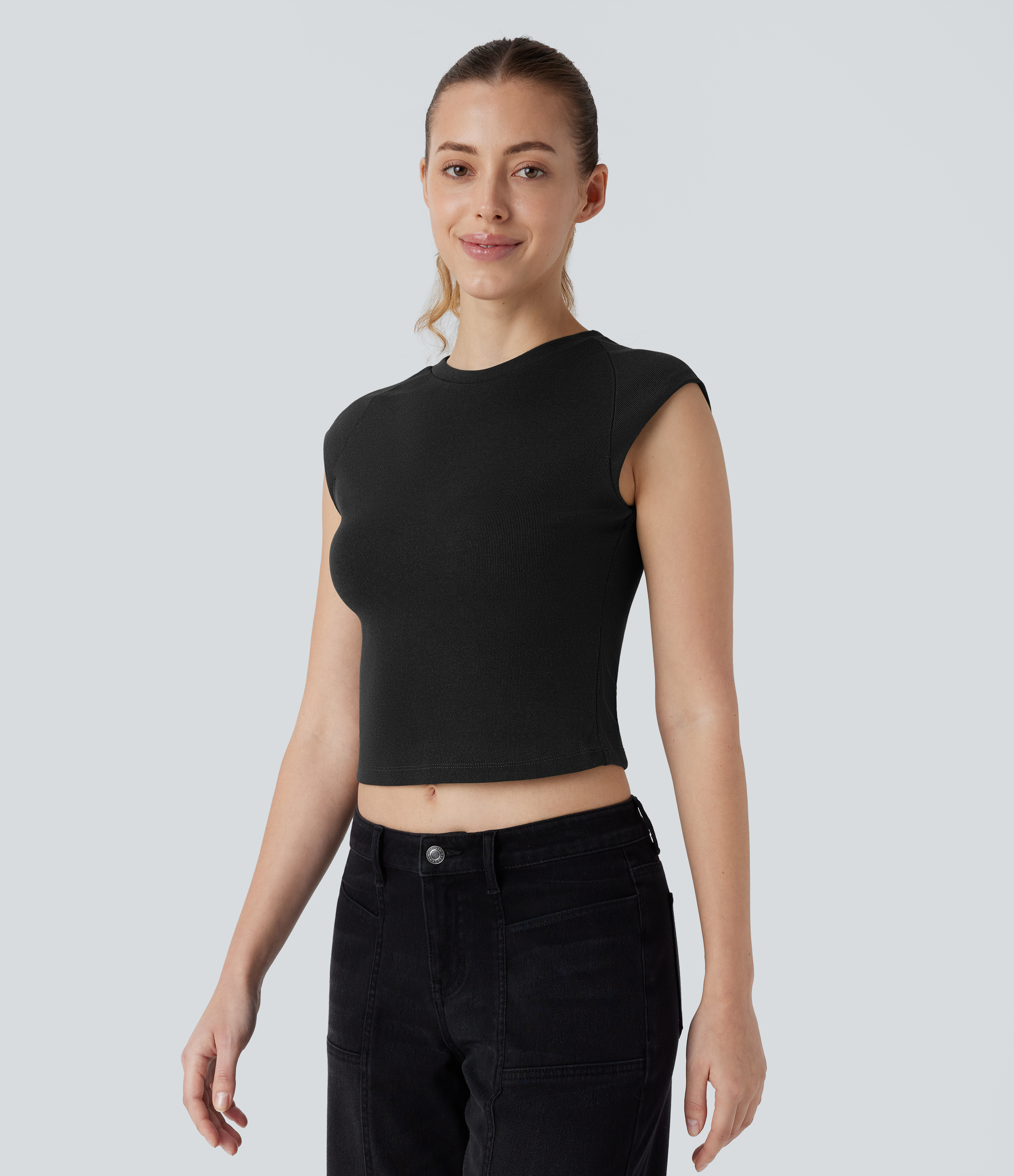 Halara Cap Sleeve Slim Cropped Casual Top Tank Top - Black - L golf tops halter top tunic tops sleeveless tops backless top 