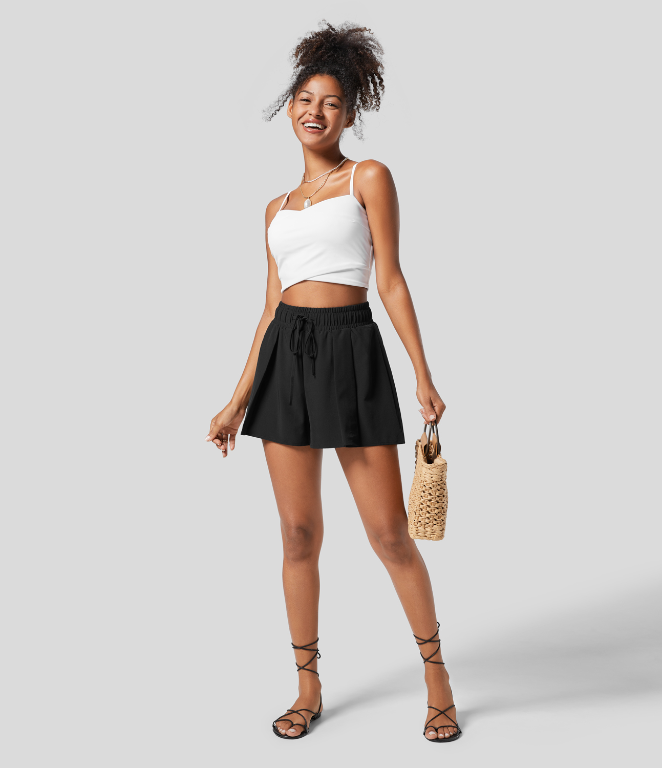 Halara High Waisted Drawstring Plicated 2-in-1 Resort Shorts  - Black - XS 