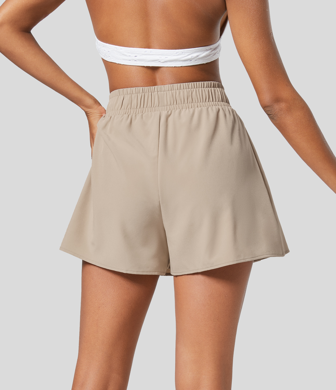 Halara High Waisted Drawstring Plicated 2-in-1 Resort Shorts  - Cement - XS 