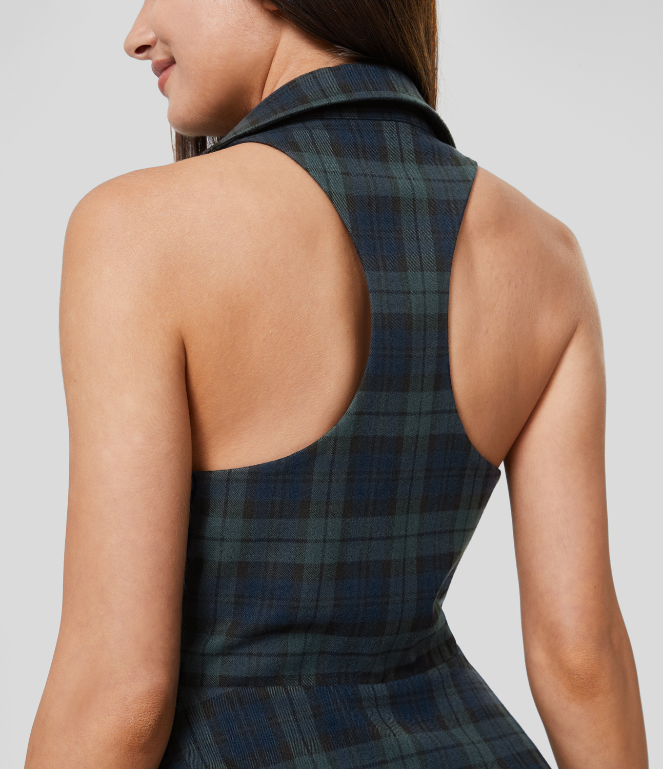 

Halara Collared Deep V Neck Racerback Sleeveless Plaid Casual Flare Dress Casual Dress - Blue Green Plaid -  slip dress beach dress