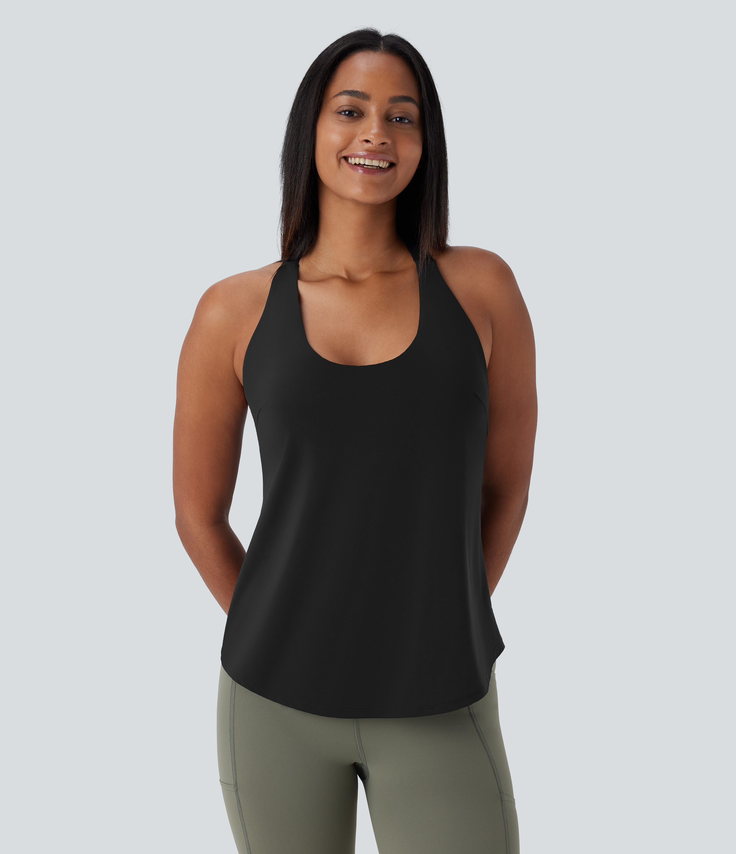 Halara U Neck Backless Crisscross Curved Hem Cool Touch Yoga Tank Top Tank Top - Black - L golf tops halter top tunic tops sleeveless tops 