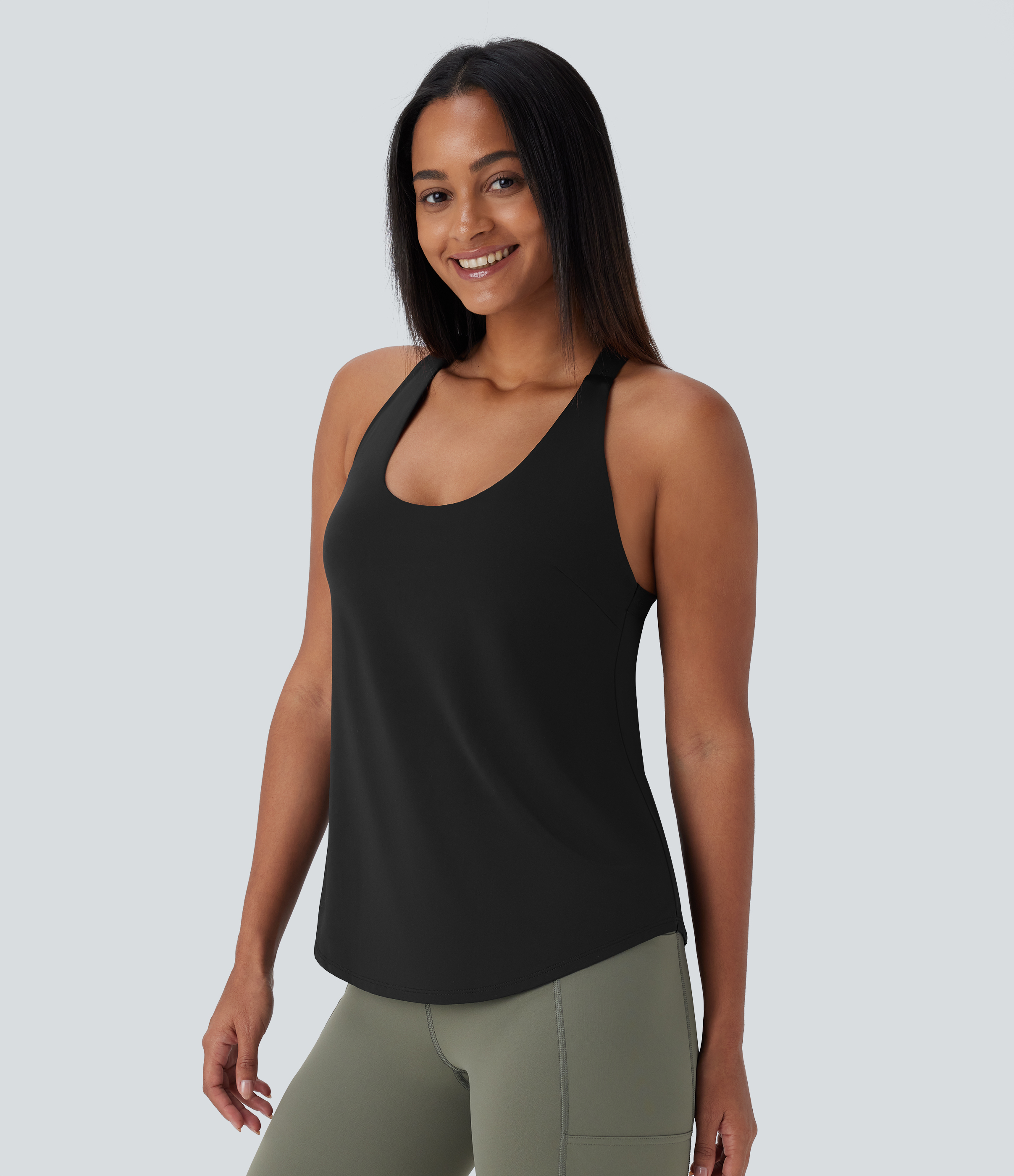 Halara U Neck Backless Crisscross Curved Hem Cool Touch Yoga Tank Top Tank Top - Black - L golf tops halter top tunic tops sleeveless tops 