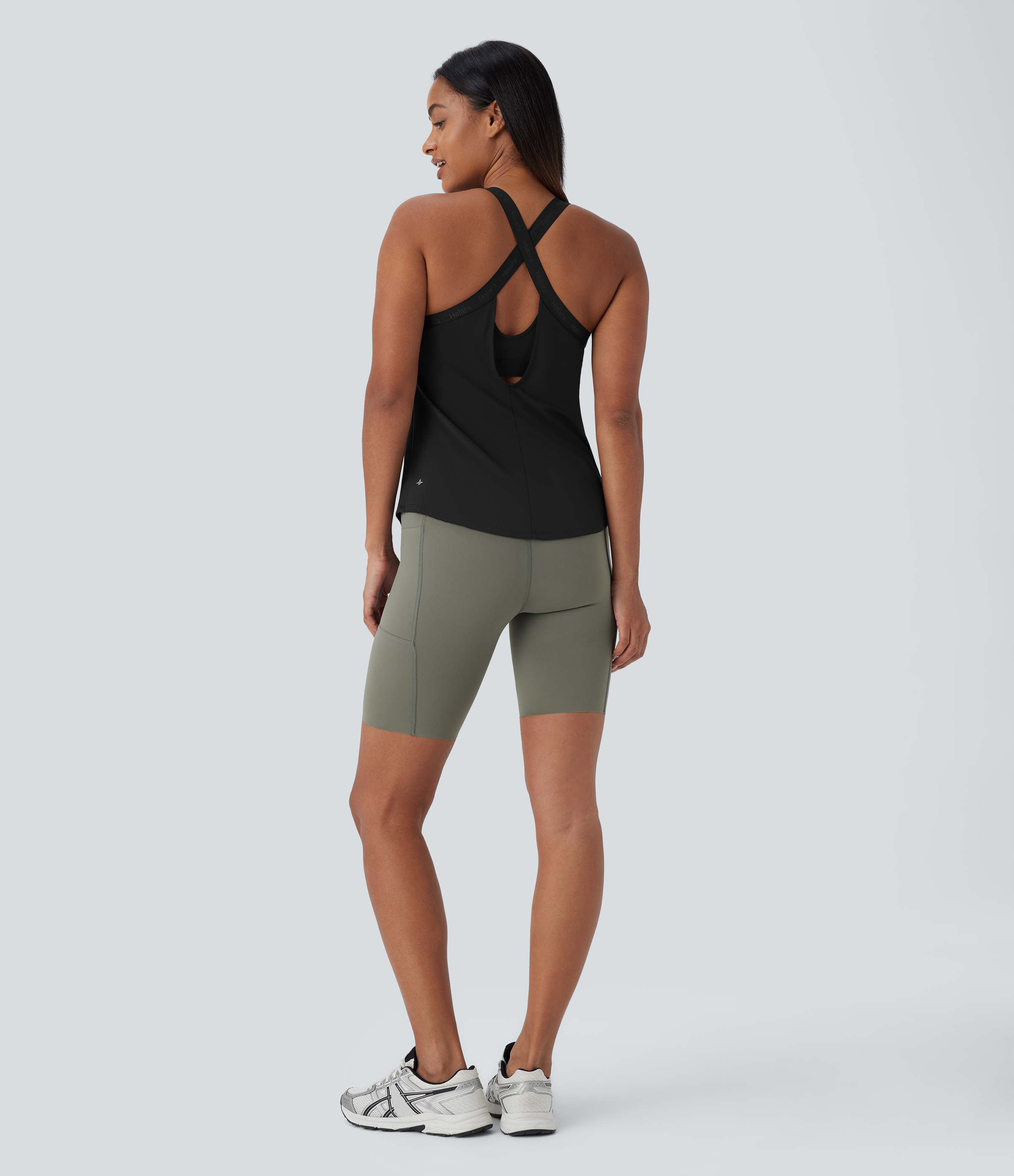 Halara U Neck Backless Crisscross Curved Hem Cool Touch Yoga Tank Top Tank Top - Black - L golf tops halter top tunic tops sleeveless tops 