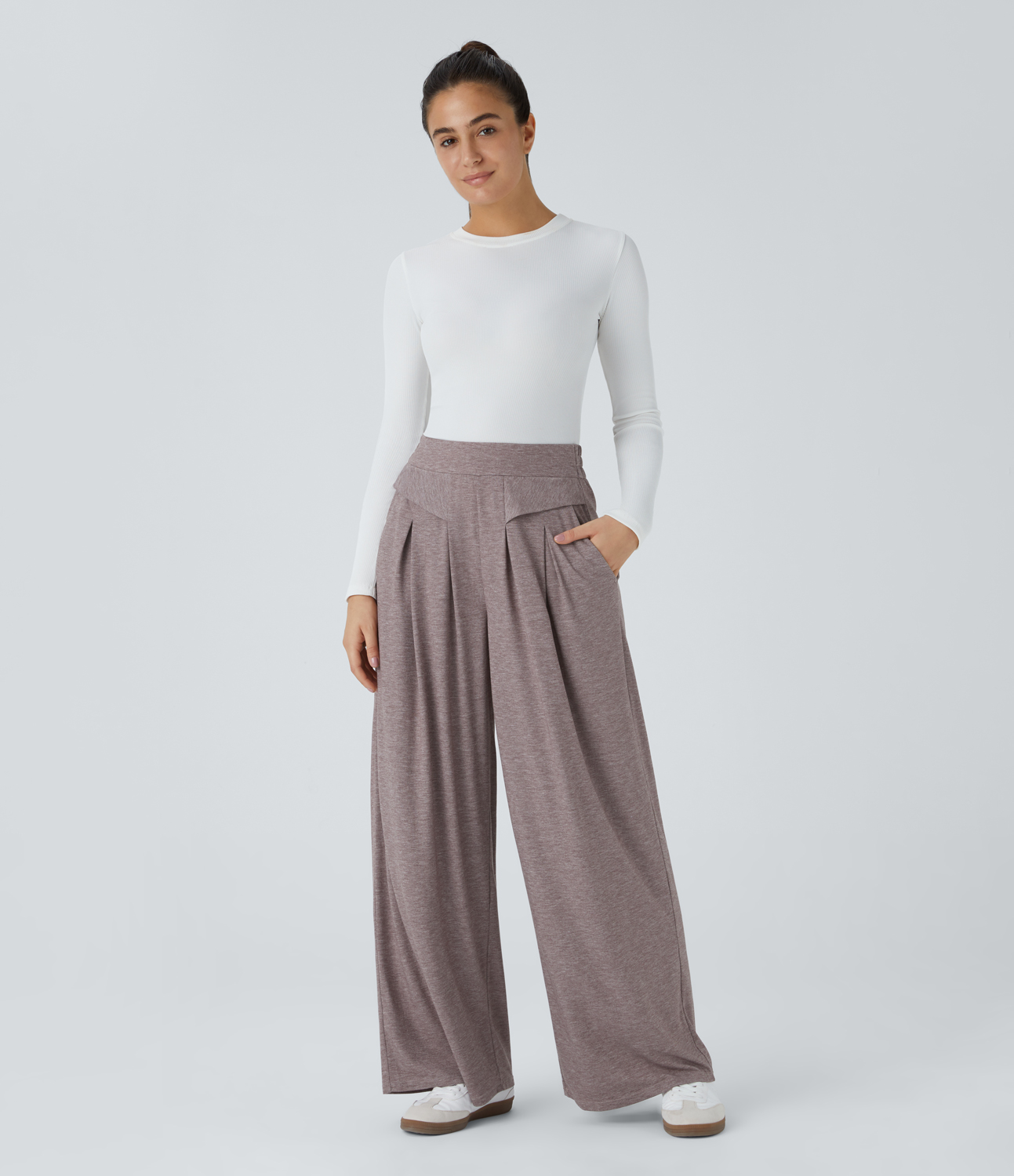 Halara High Waisted Plicated Side Pocket Wide Leg Floral Yarn Casual Pants  - Deep Tea Brown Floral Yarn - S(regular) sweatpants jogger pants 