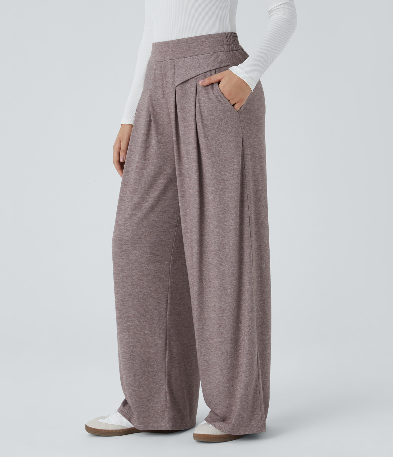 Halara High Waisted Plicated Side Pocket Wide Leg Floral Yarn Casual Pants  - Deep Tea Brown Floral Yarn - S(regular) sweatpants jogger pants 