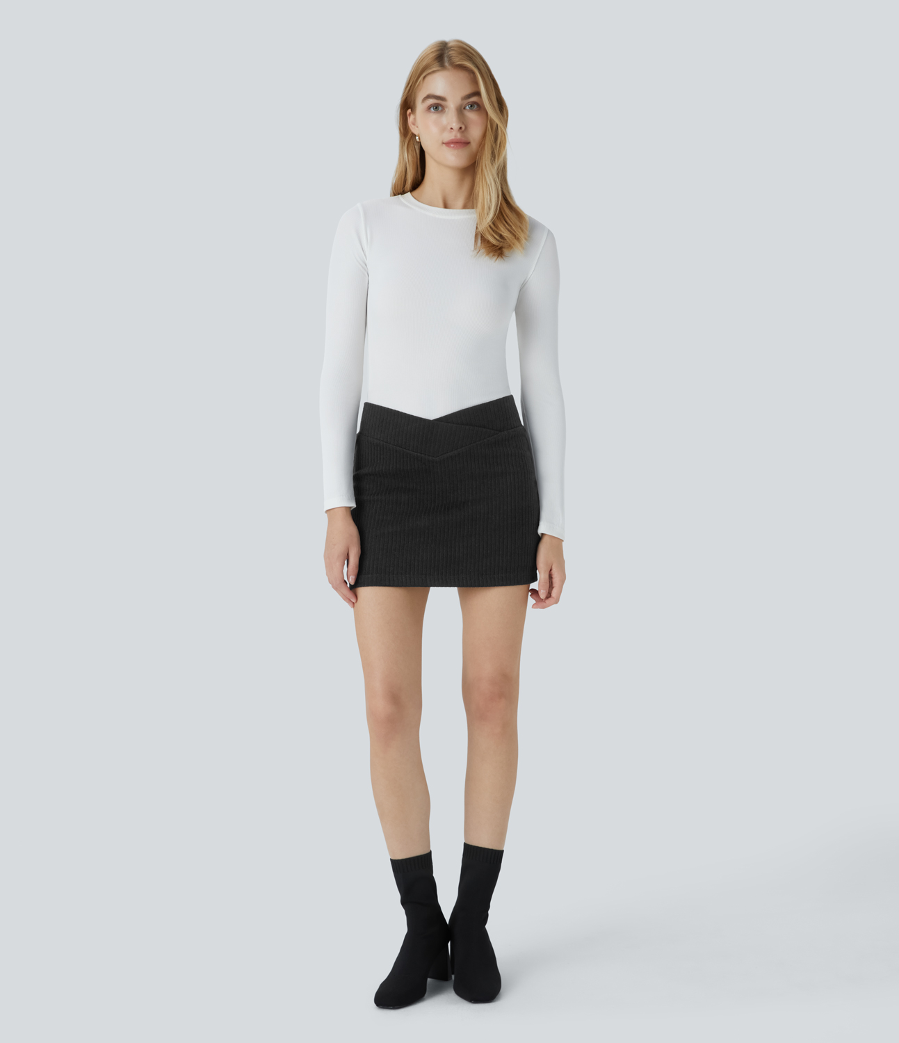 Halara Ribbed Knit Crossover High Waisted 2-in-1 Slim Mini Casual Skirt  - Black - M(regular) 