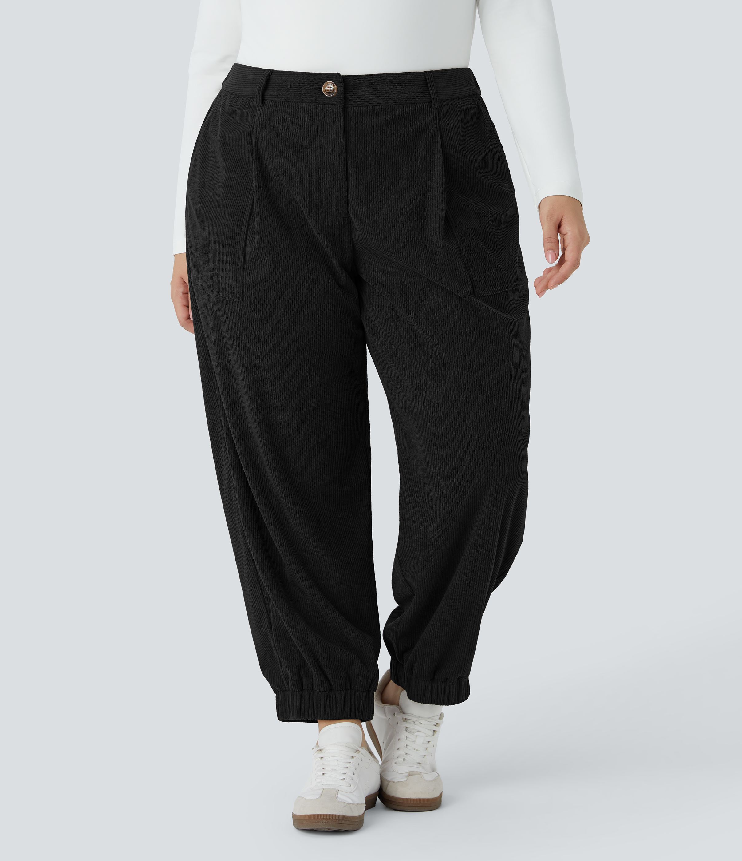 Mid Rise Zipper Pockets Corduroy Casual Plus Size Joggers