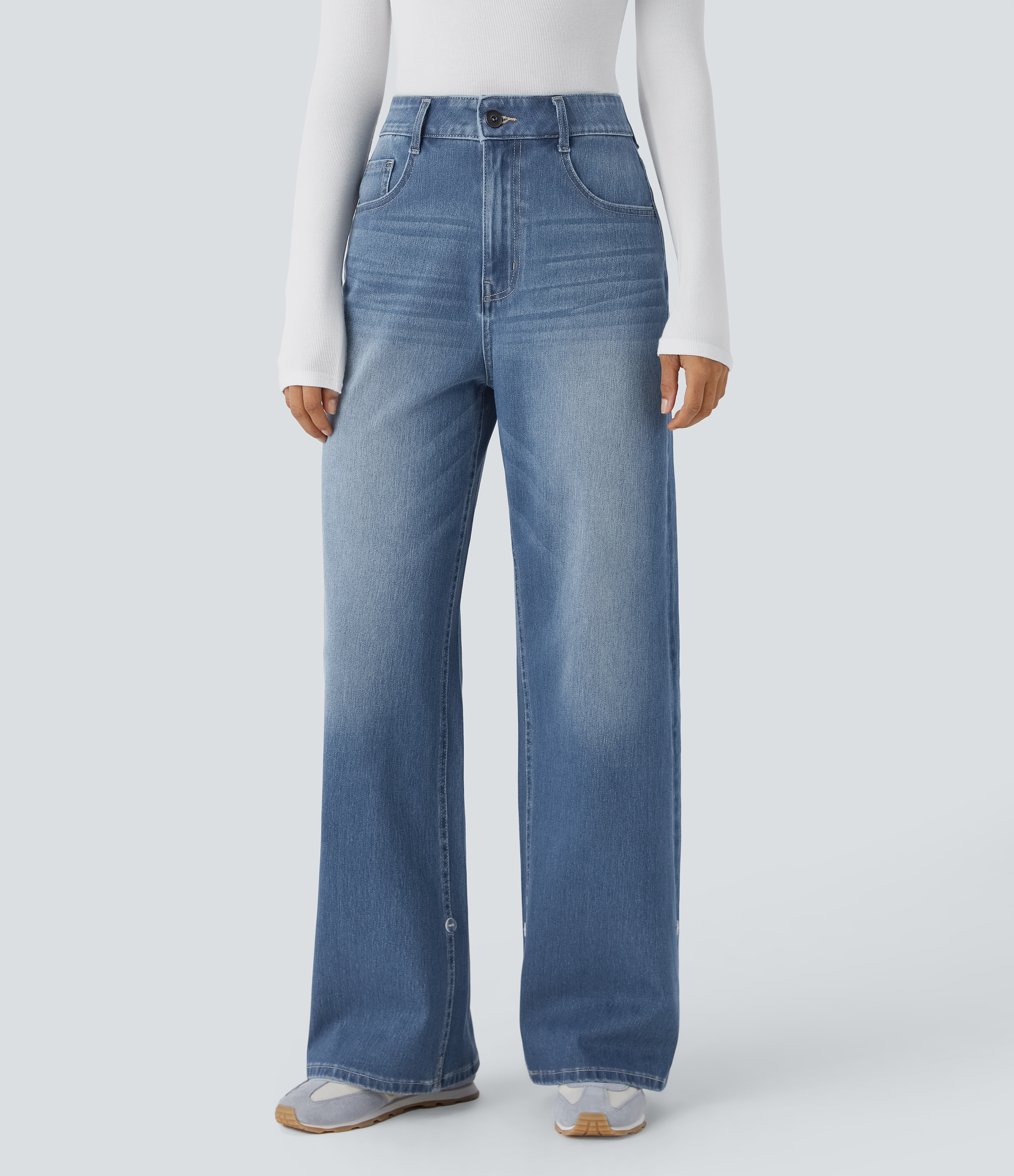 Blue Spruce Denim Jeans Halara Flex™ Denim elástico lavado pierna ancha tiro alto múltiple bolsillo dobladillo ajustable / 2