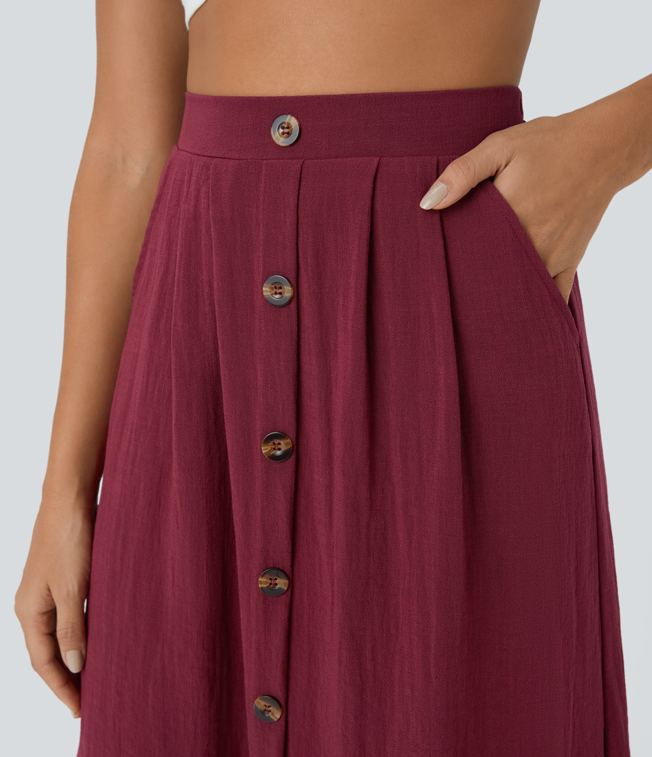Halara High Waisted Side Pocket Button A Line Midi Casual Cotton Skirt  - Pomegranate - L 