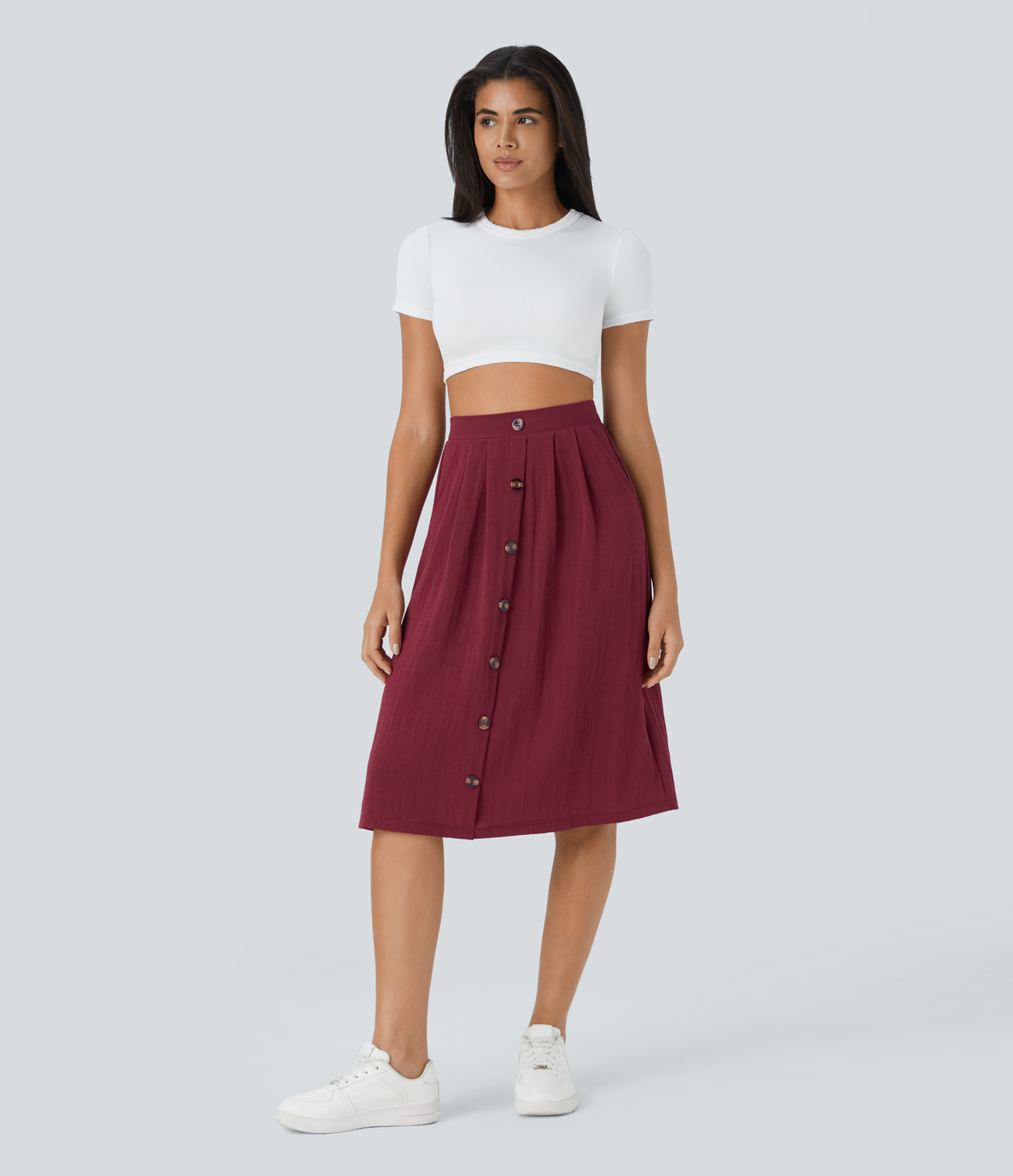 Halara High Waisted Side Pocket Button A Line Midi Casual Cotton Skirt  - Pomegranate - L 