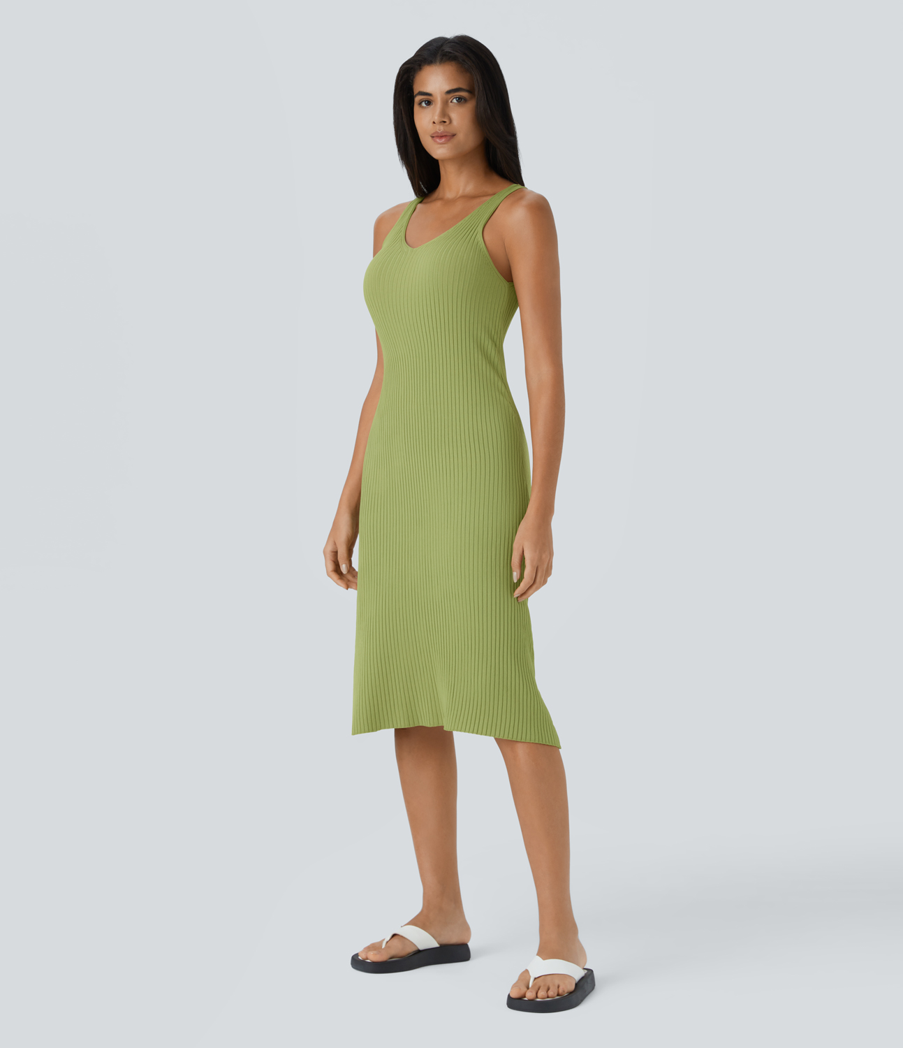 Halara Everyday Split Hem Midi Strap Chill Dress-Admire Casual Dress - Celery - L slip dress beach dress ruched dress halter dress 