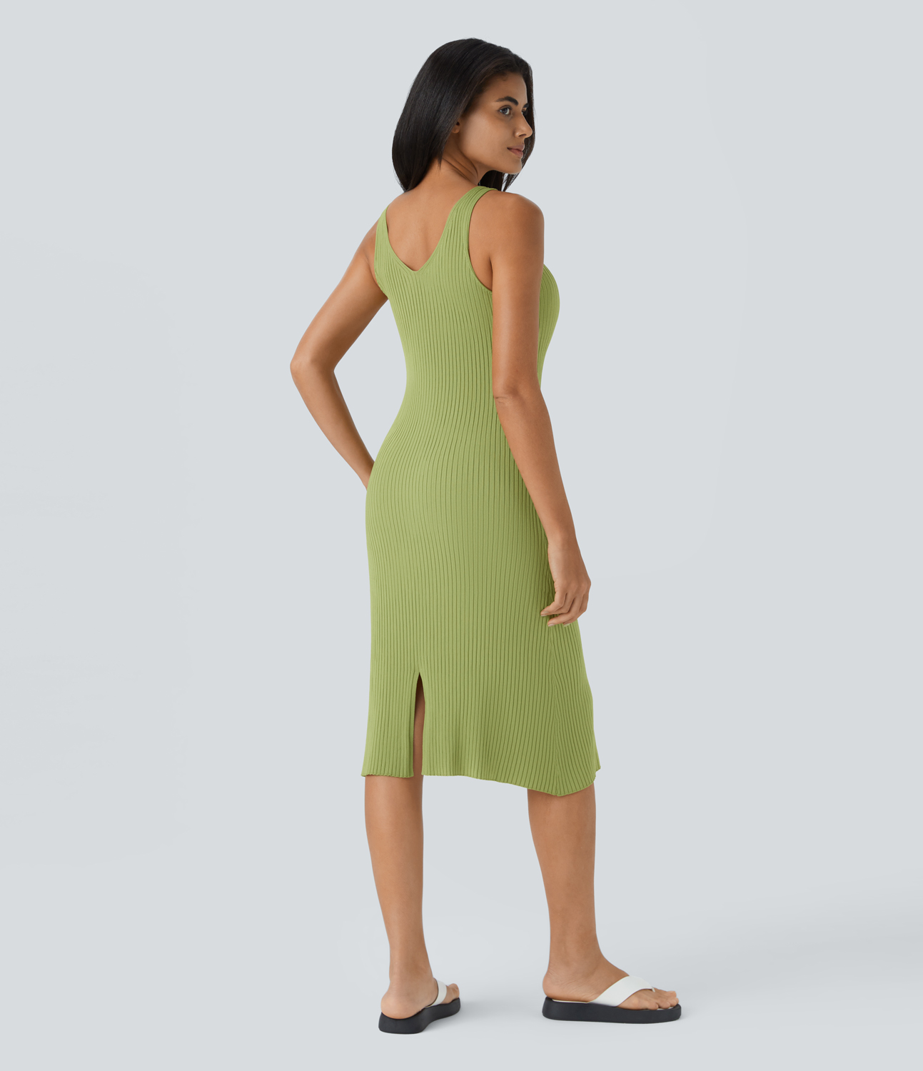 Halara Everyday Split Hem Midi Strap Chill Dress-Admire Casual Dress - Celery - L slip dress beach dress ruched dress halter dress 